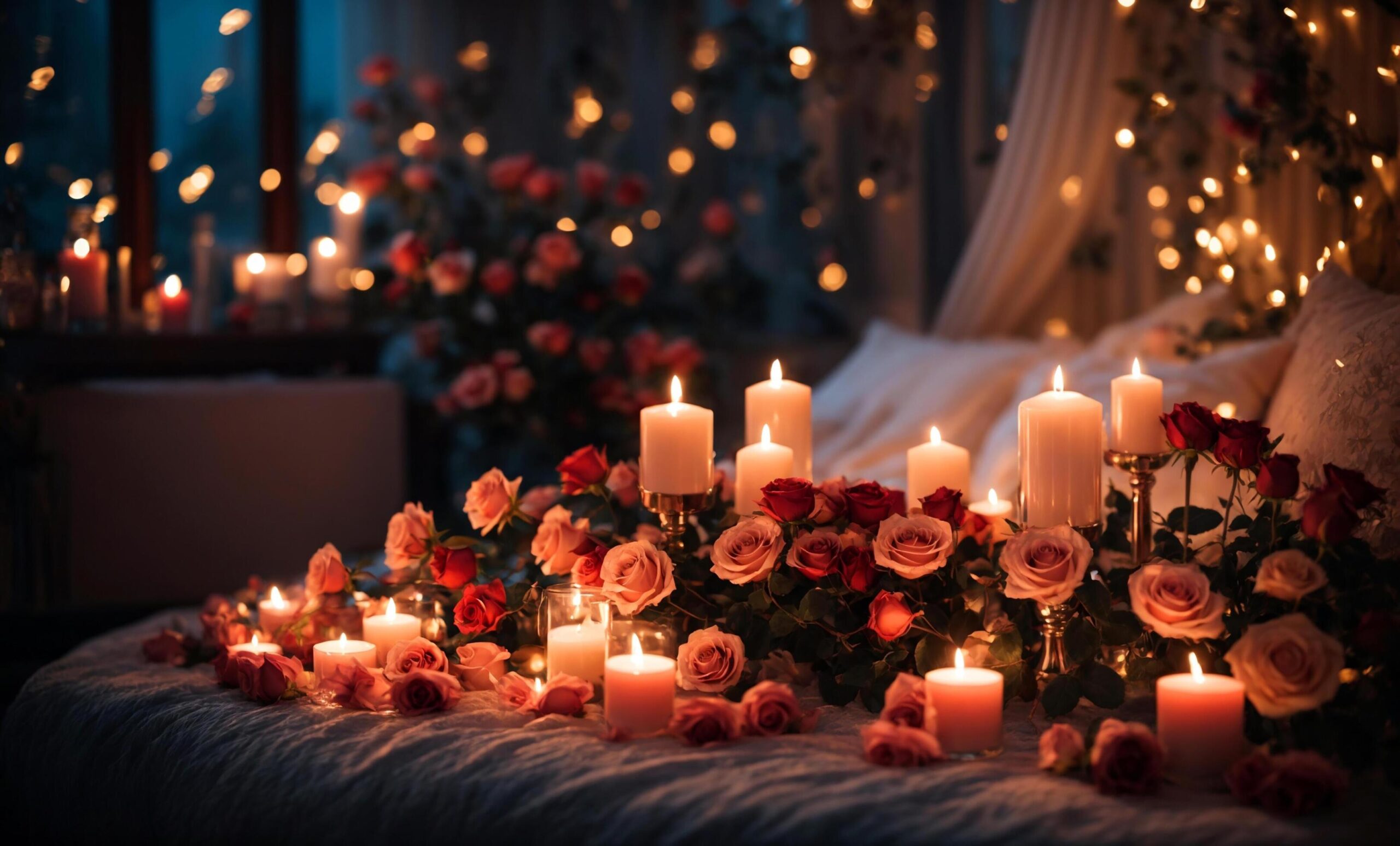 Ai-generated-closeup-view-on-a-bunch-of-red-roses-on-the-bed-against-the-background-of-burning-candles-the-atmosphere-is-cozy-and-beautiful-free-photo