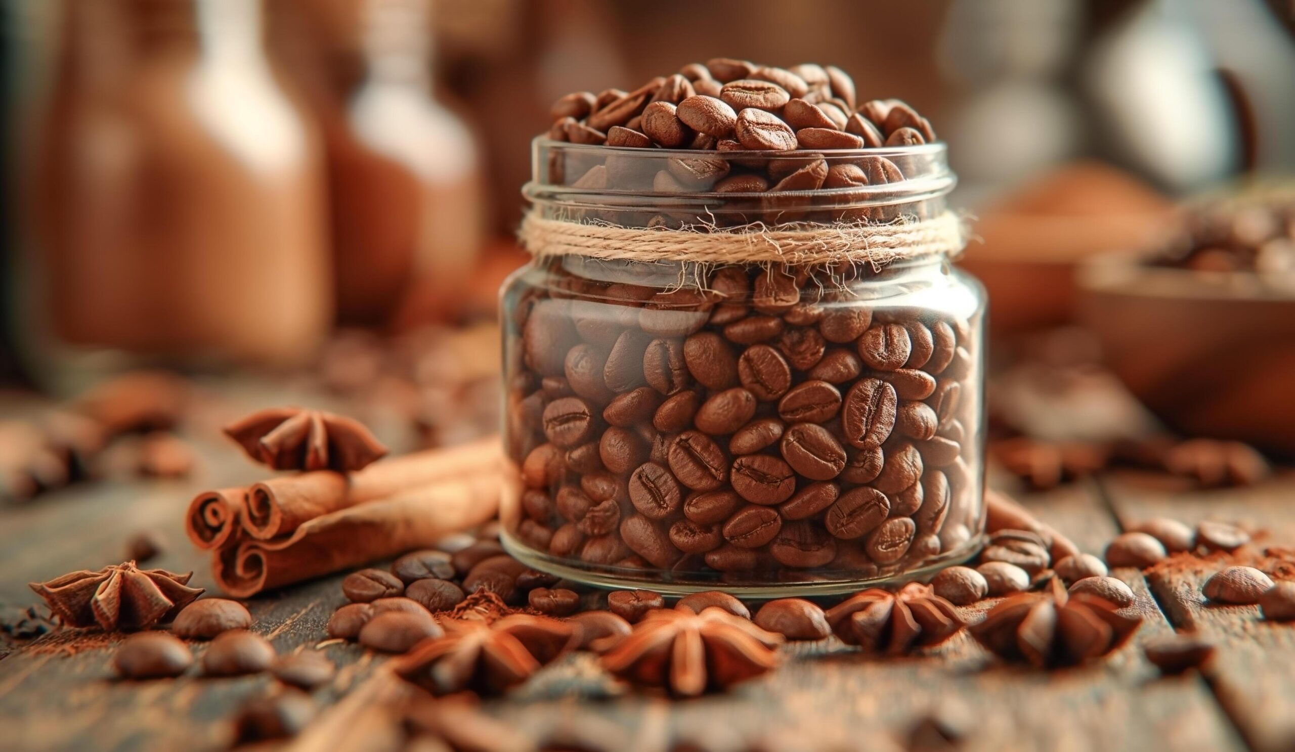 Ai-generated-coffee-beans-in-a-jar-on-a-wooden-table-free-photo