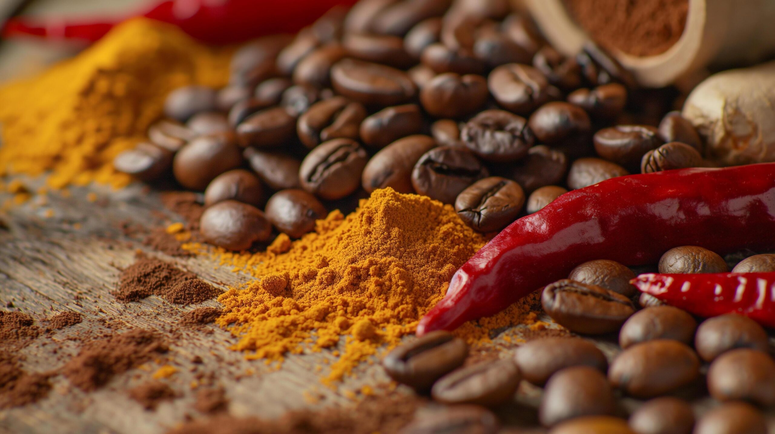 Ai-generated-coffee-spices-and-chili-peppers-on-a-wooden-table-free-photo