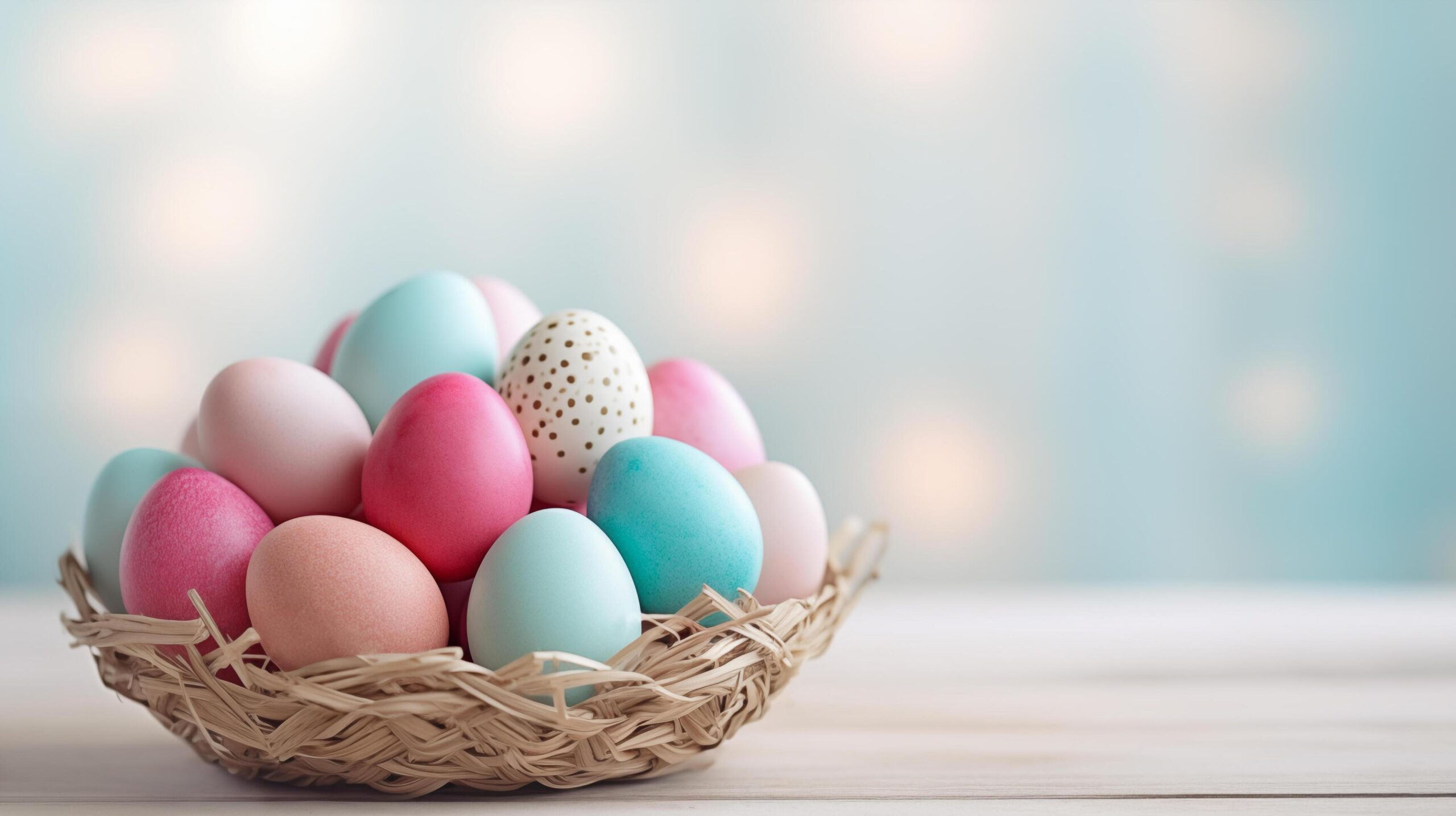 Ai-generated-colored-eggs-in-the-wicker-basket-on-wood-bckground-free-photo