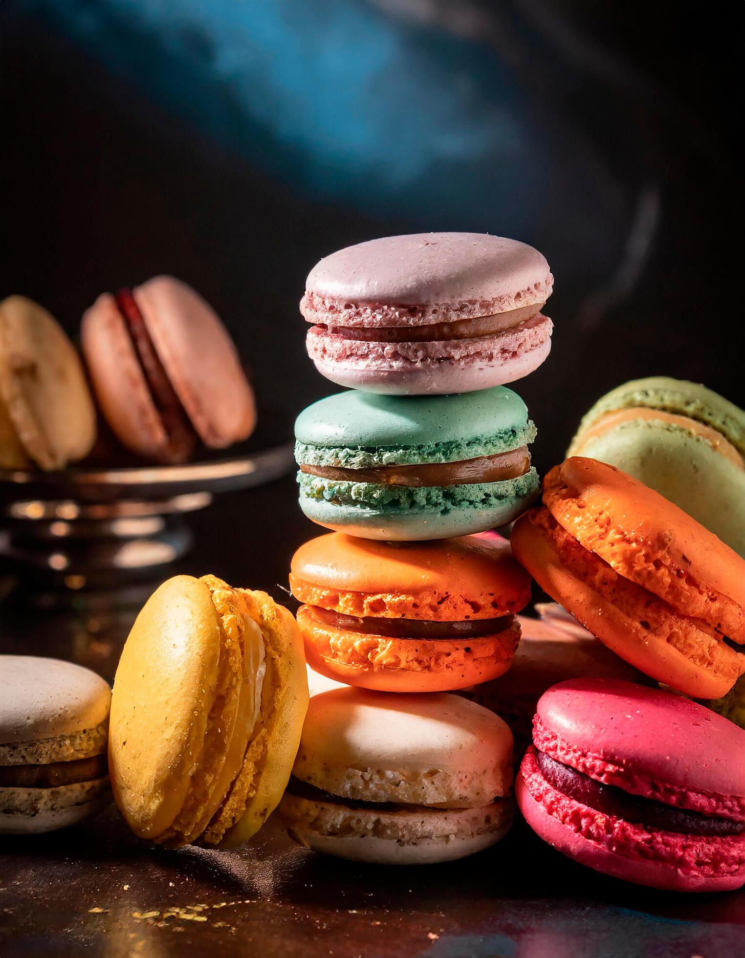 Ai-generated-colorful-assorted-macarons-foodgraphy-soft-lighting-free-photo