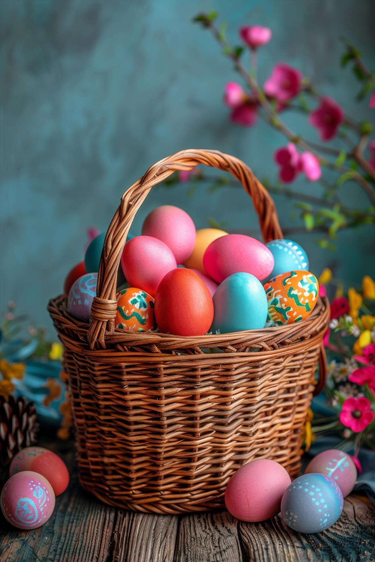 Ai-generated-colorful-eggs-in-basket-on-table-free-photo