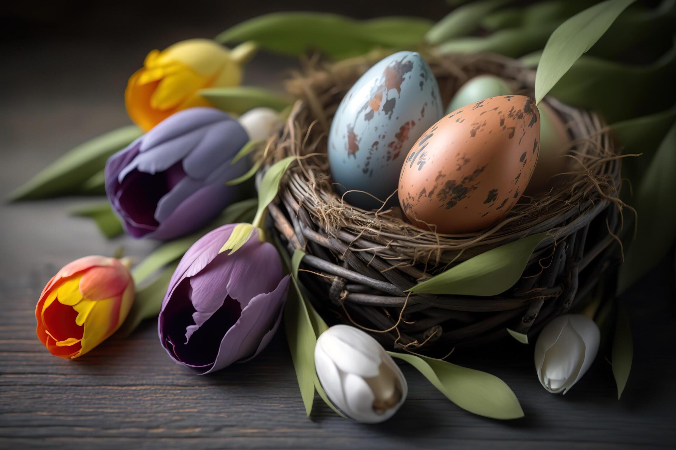 Ai-generated-colorful-pockmarked-easter-eggs-in-bird-nest-with-colorful-tulips-on-wooden-table-greeting-card-for-easter-holidays-free-photo