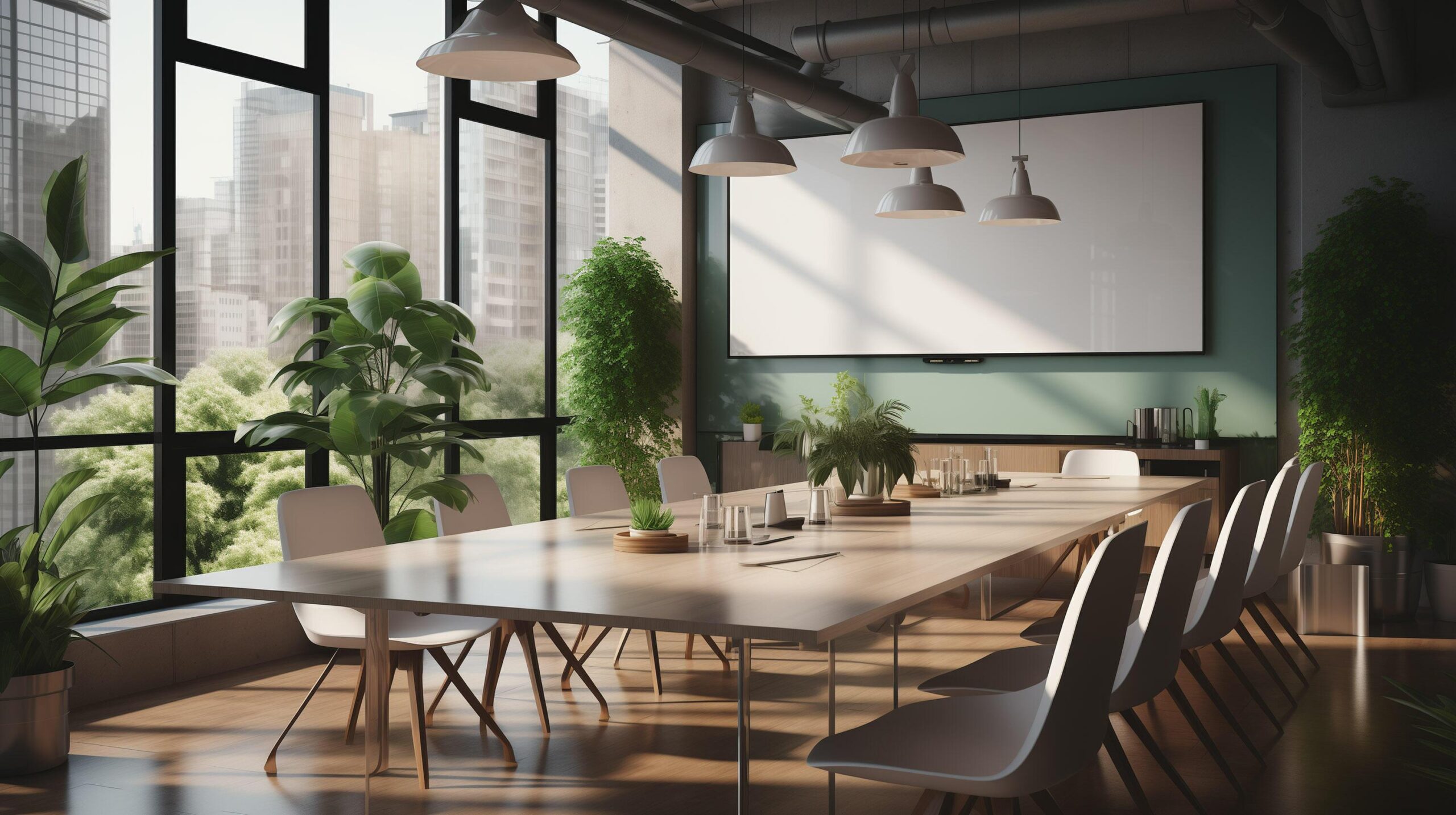 Ai-generated-conference-room-with-blank-empty-tv-screen-monitor-mock-up-business-meeting-room-with-lcd-screen-for-presentation-advertising-modern-contemporary-office-free-photo