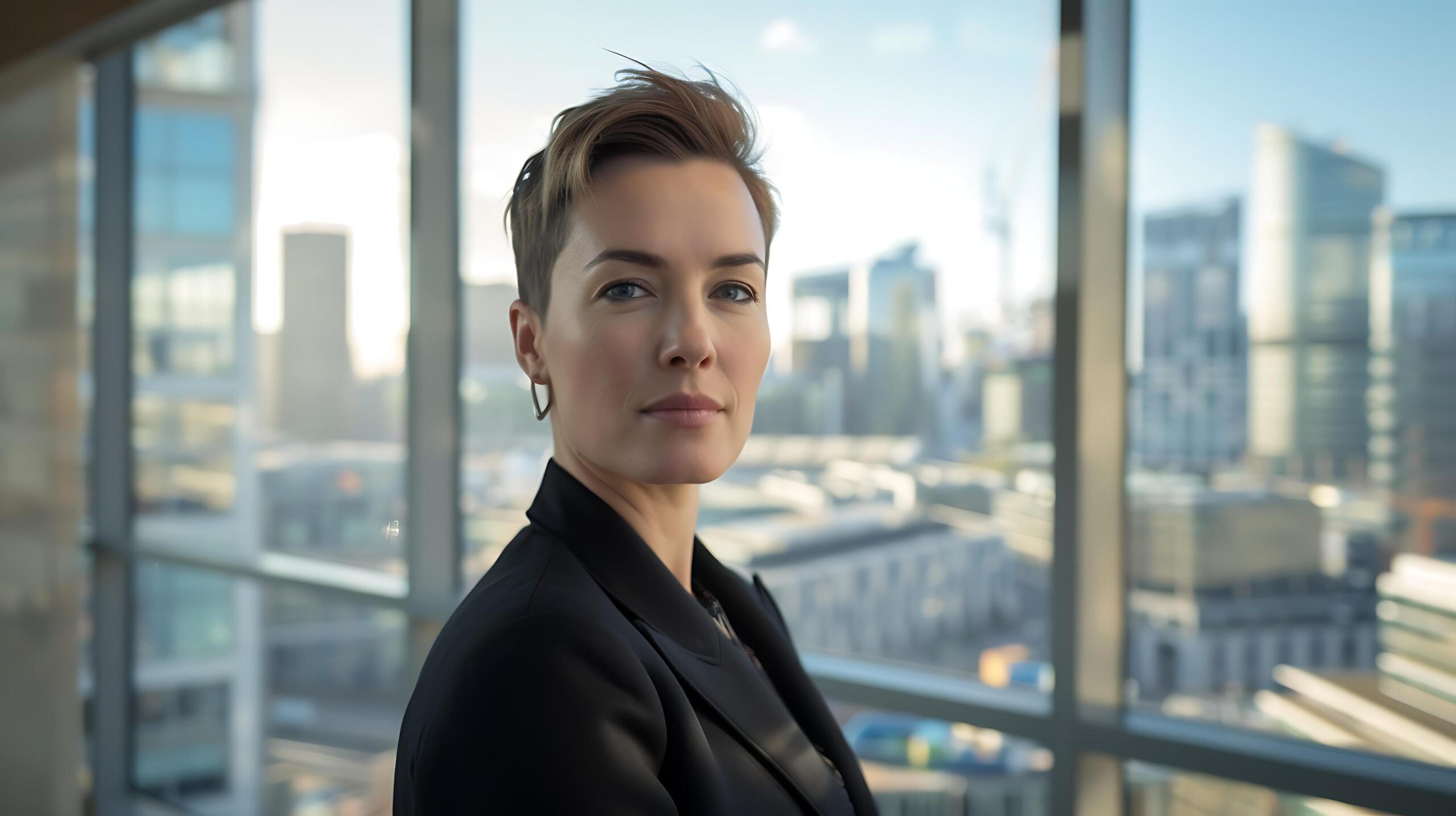 Ai-generated-confident-businesswoman-strategically-holds-tablet-in-modern-office-overlooking-city-skyline-free-photo