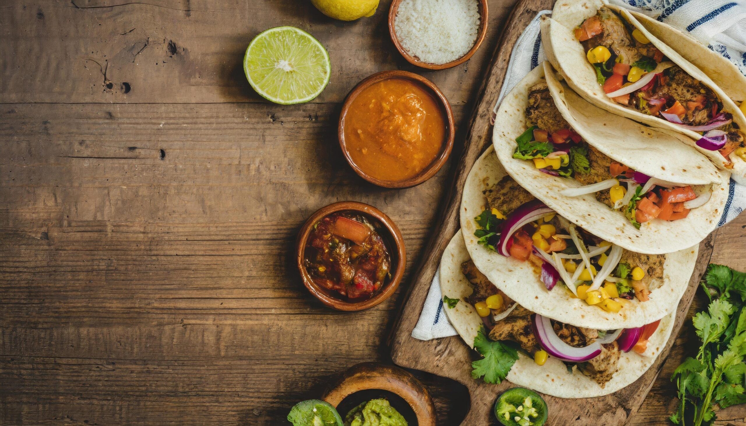 Ai-generated-copy-space-image-of-taco-bar-side-border-with-an-assortment-of-ingredients-top-view-on-a-dark-wood-banner-background-free-photo