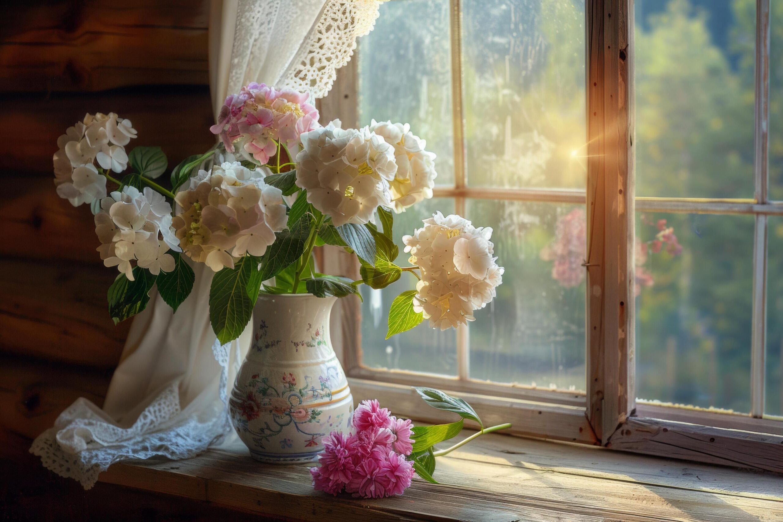Ai-generated-cottagecore-hydrangeas-by-window-light-free-photo
