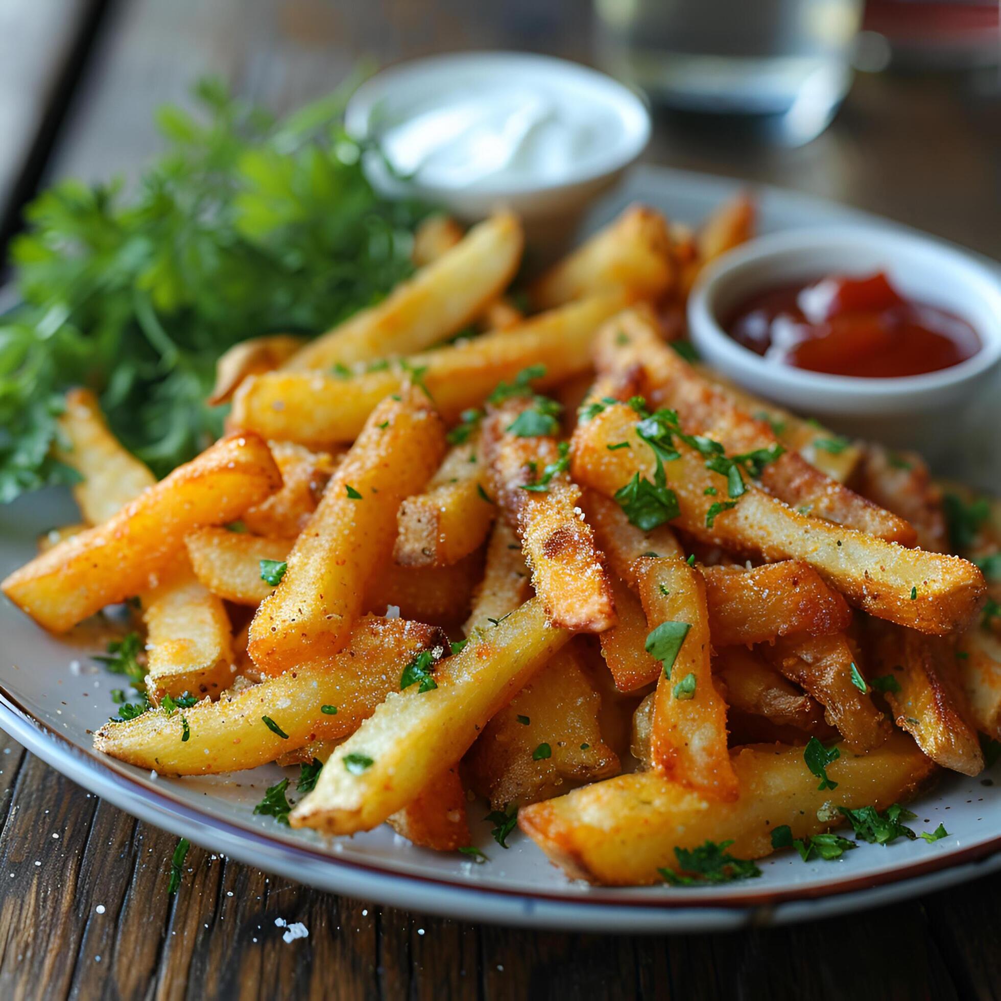 Ai-generated-crispy-french-fries-with-ketchup-isolated-in-a-wooden-table-free-photo