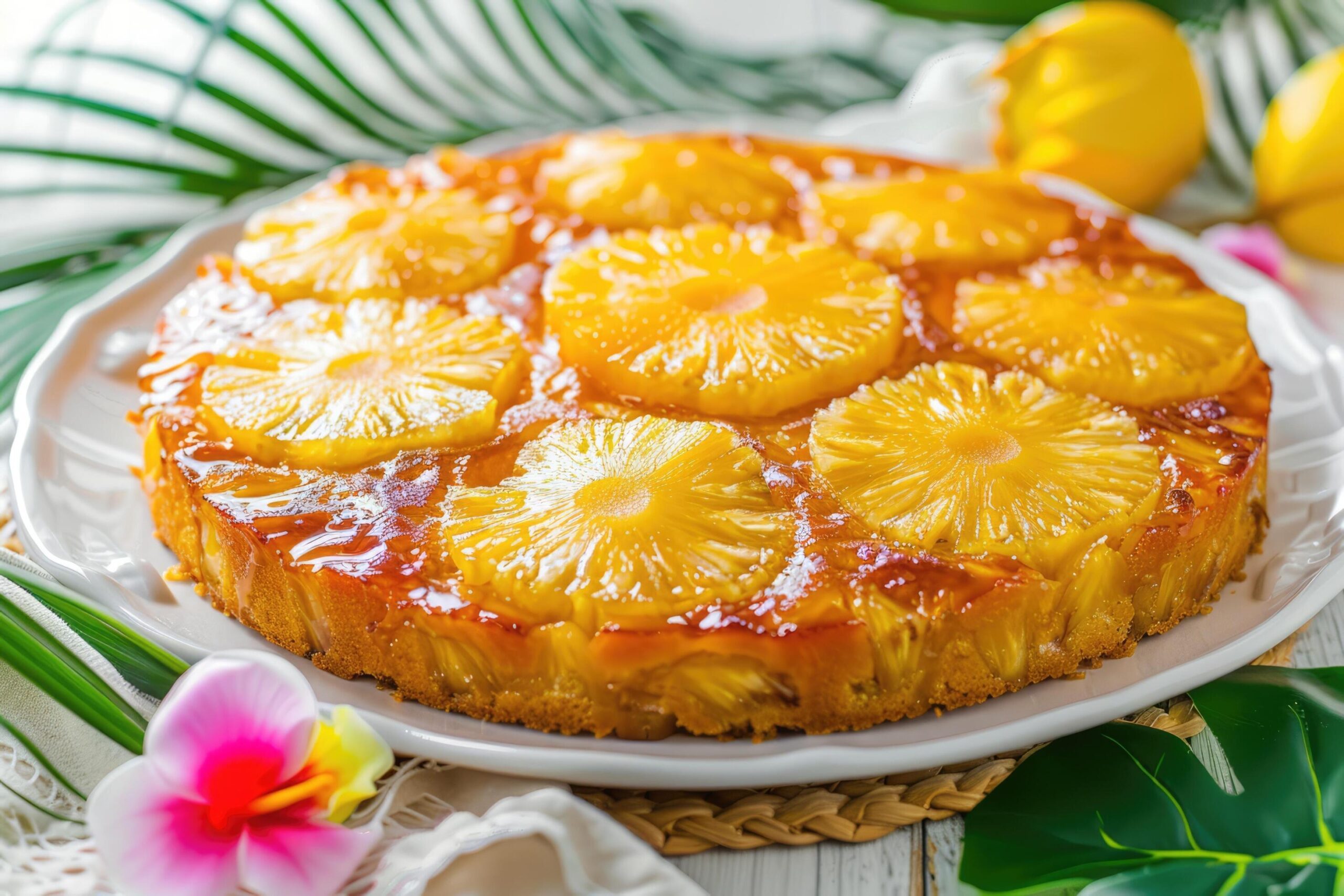 Ai-generated-crushed-pineapple-upside-down-cake-fine-tableware-tropical-leaves-space-for-text-free-photo