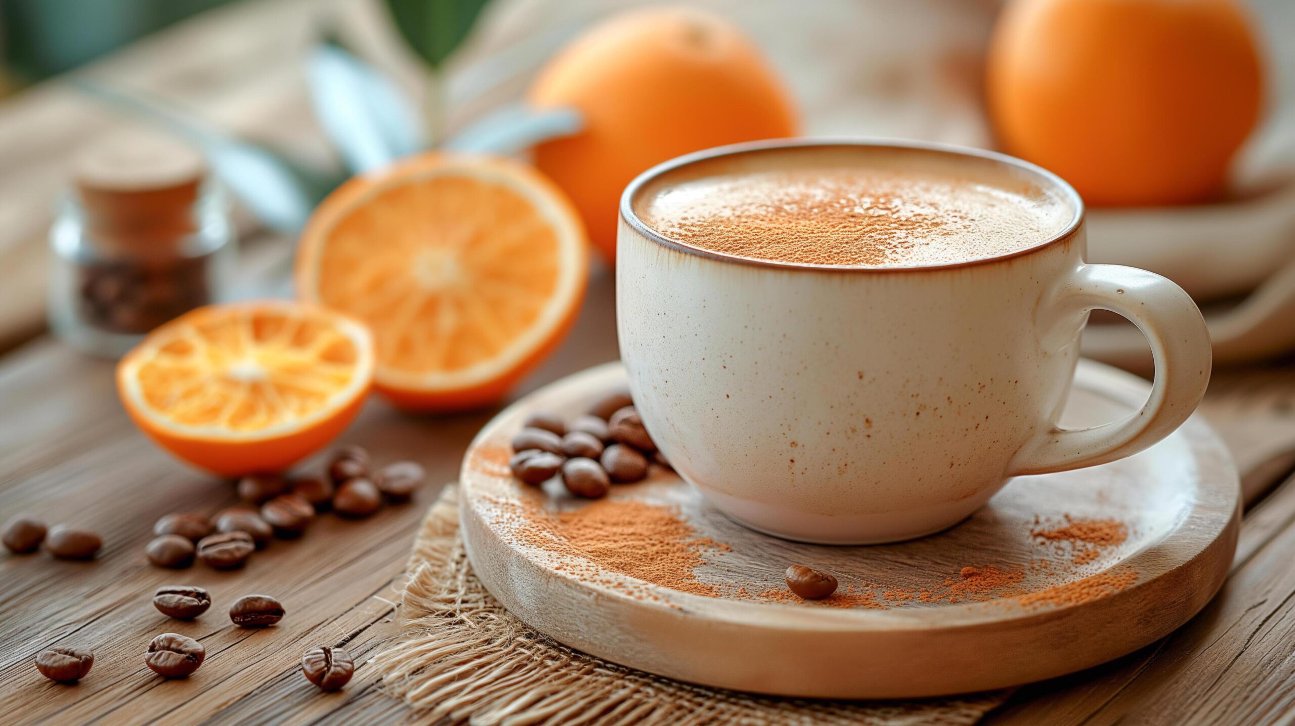 Ai-generated-cup-with-cappuccino-oranges-and-cinnamon-free-photo