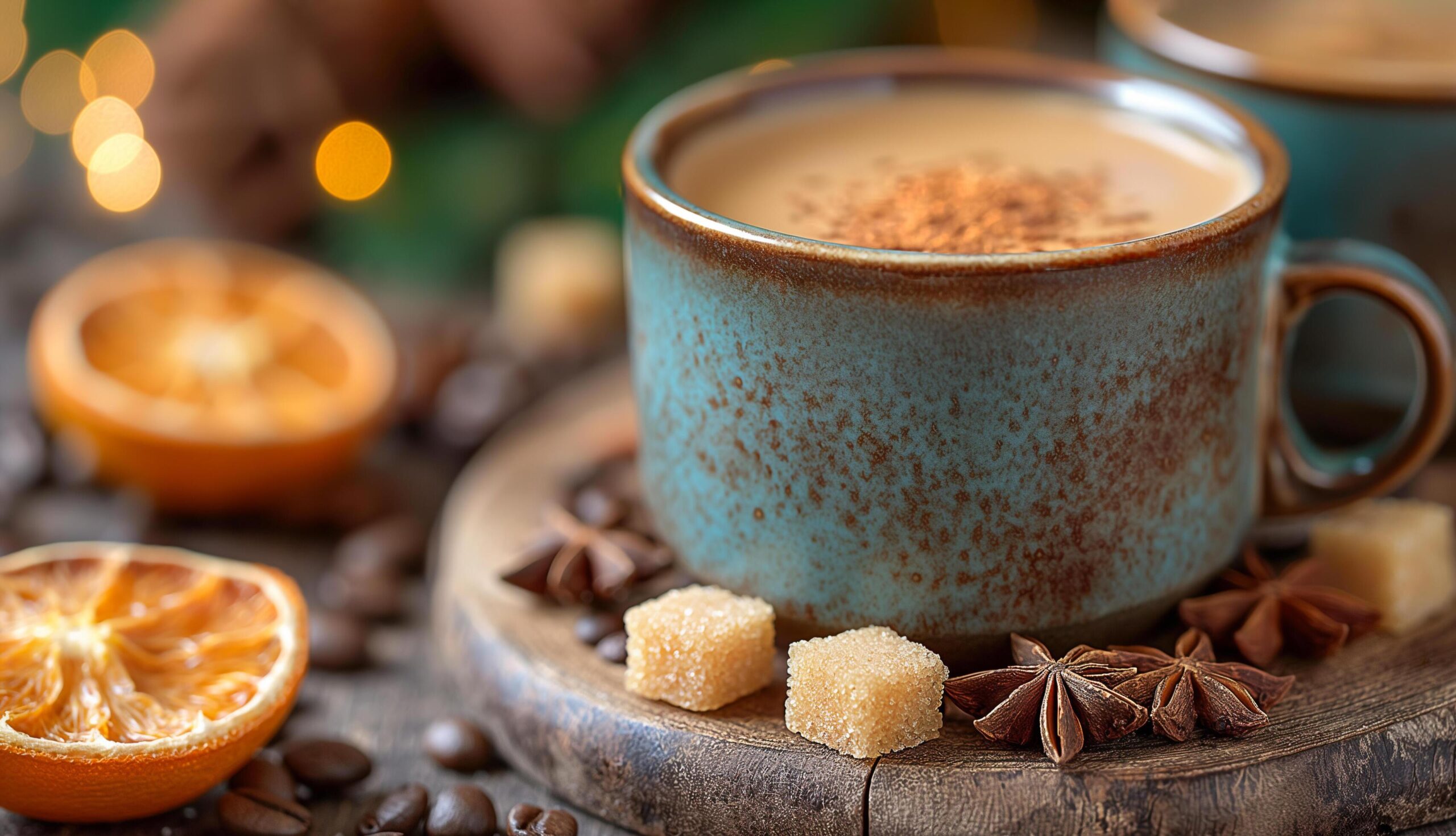 Ai-generated-cup-with-cappuccino-oranges-cinnamon-and-brown-sugar-free-photo
