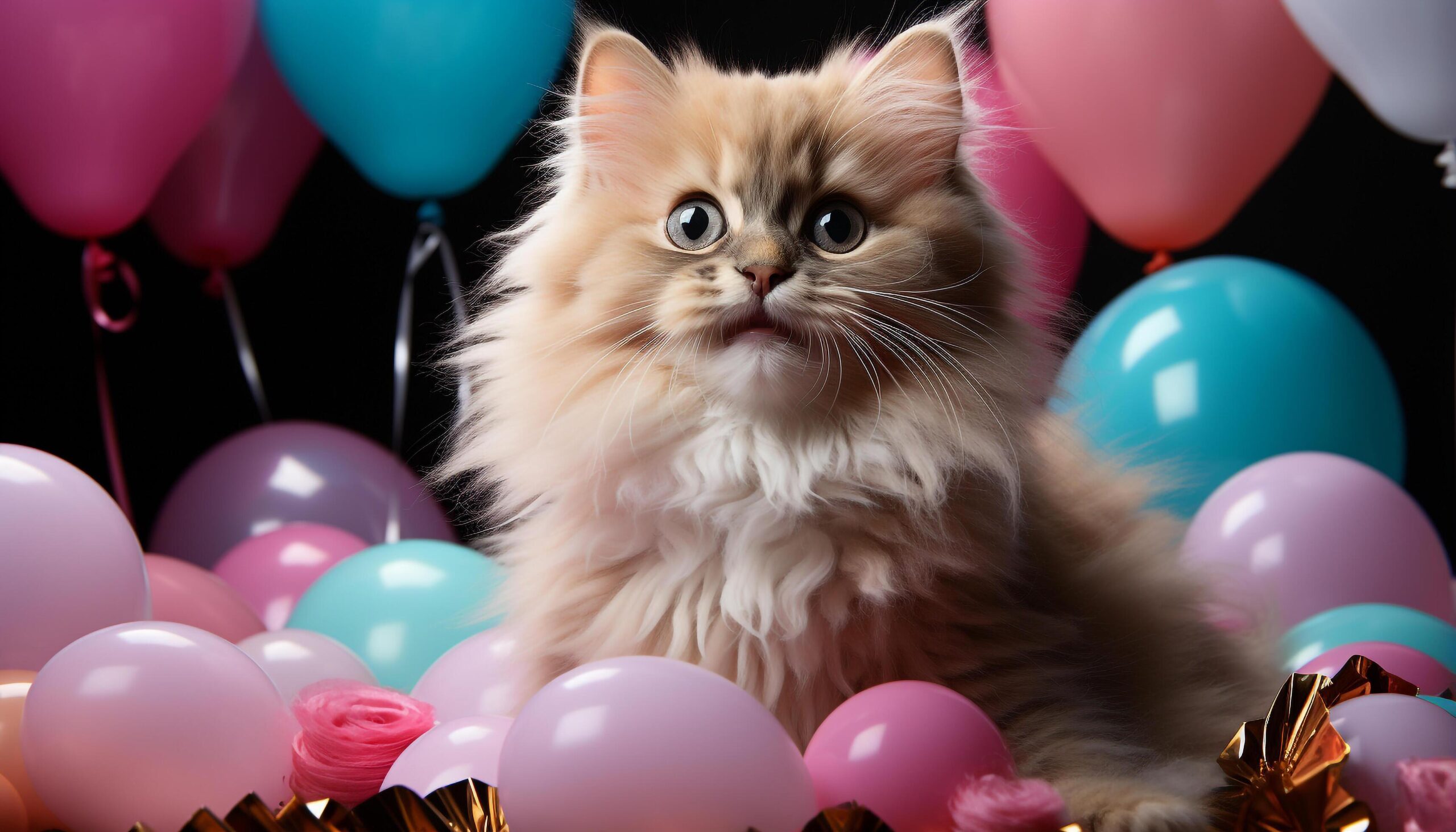Ai-generated-cute-kitten-and-playful-puppy-celebrate-birthday-with-colorful-balloons-generated-by-ai-free-photo