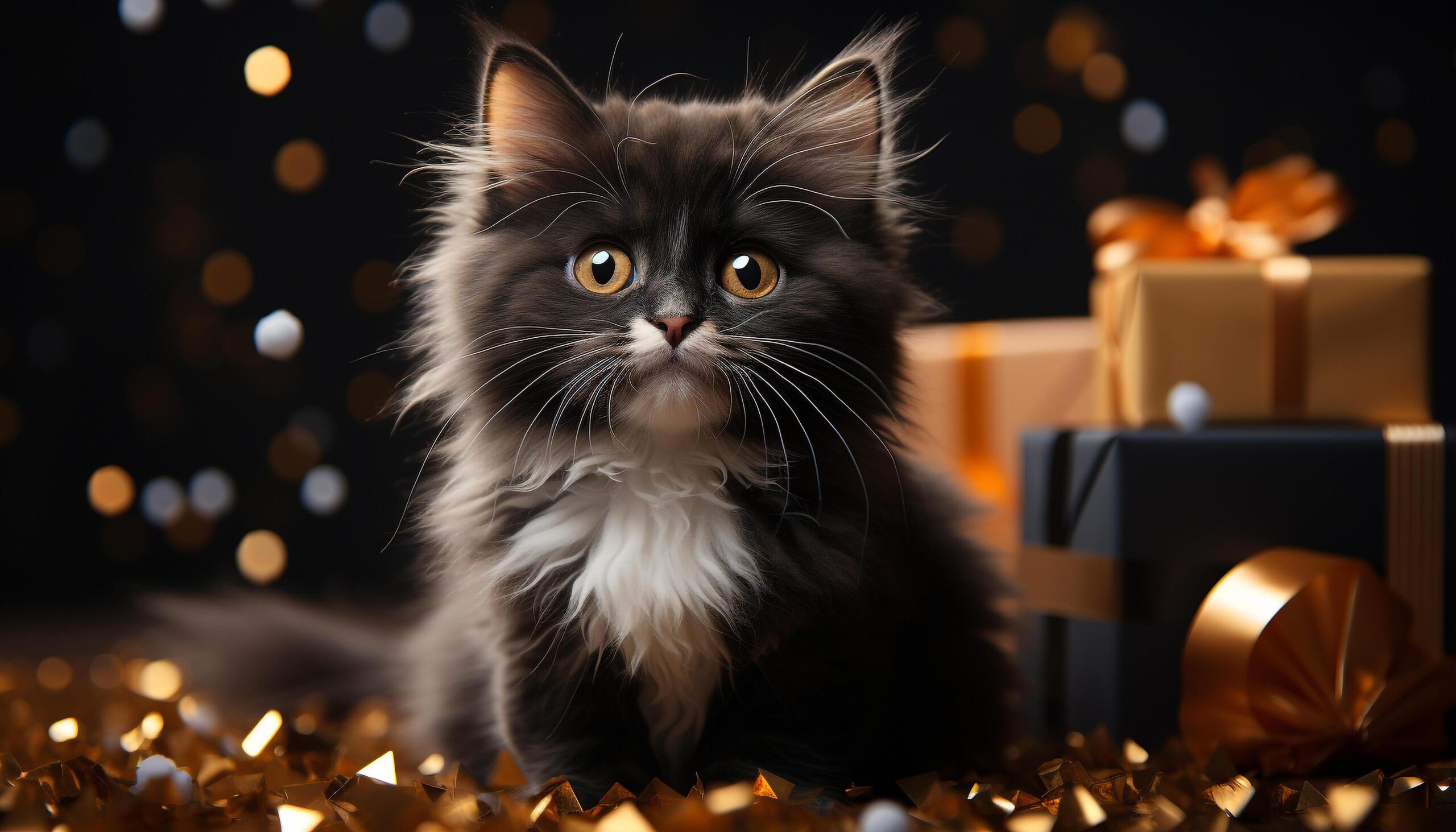 Ai-generated-cute-kitten-sitting-looking-at-camera-surrounded-by-christmas-lights-generated-by-ai-free-photo