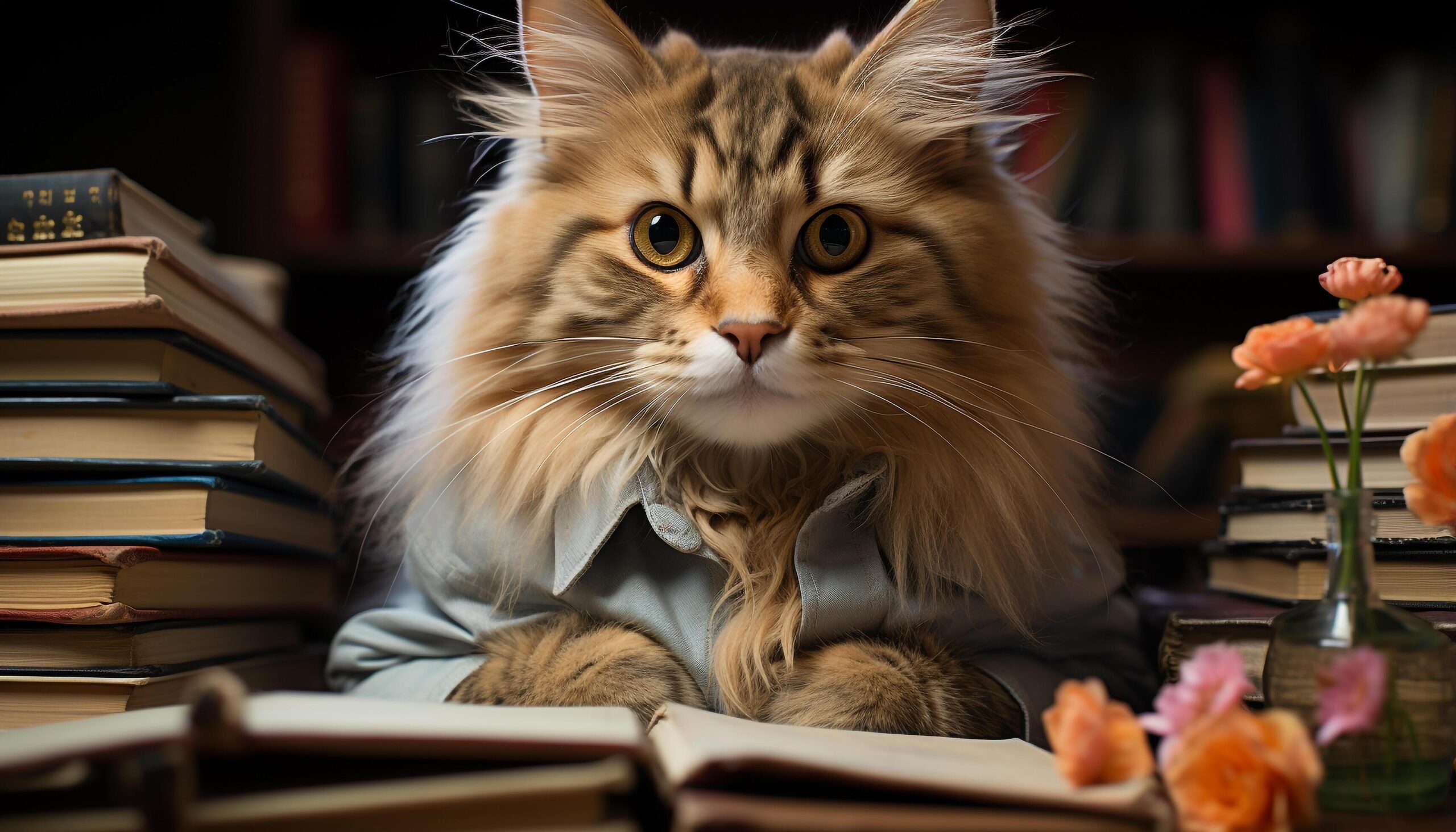 Ai-generated-cute-kitten-sitting-on-bookshelf-reading-surrounded-by-literature-generated-by-ai-free-photo