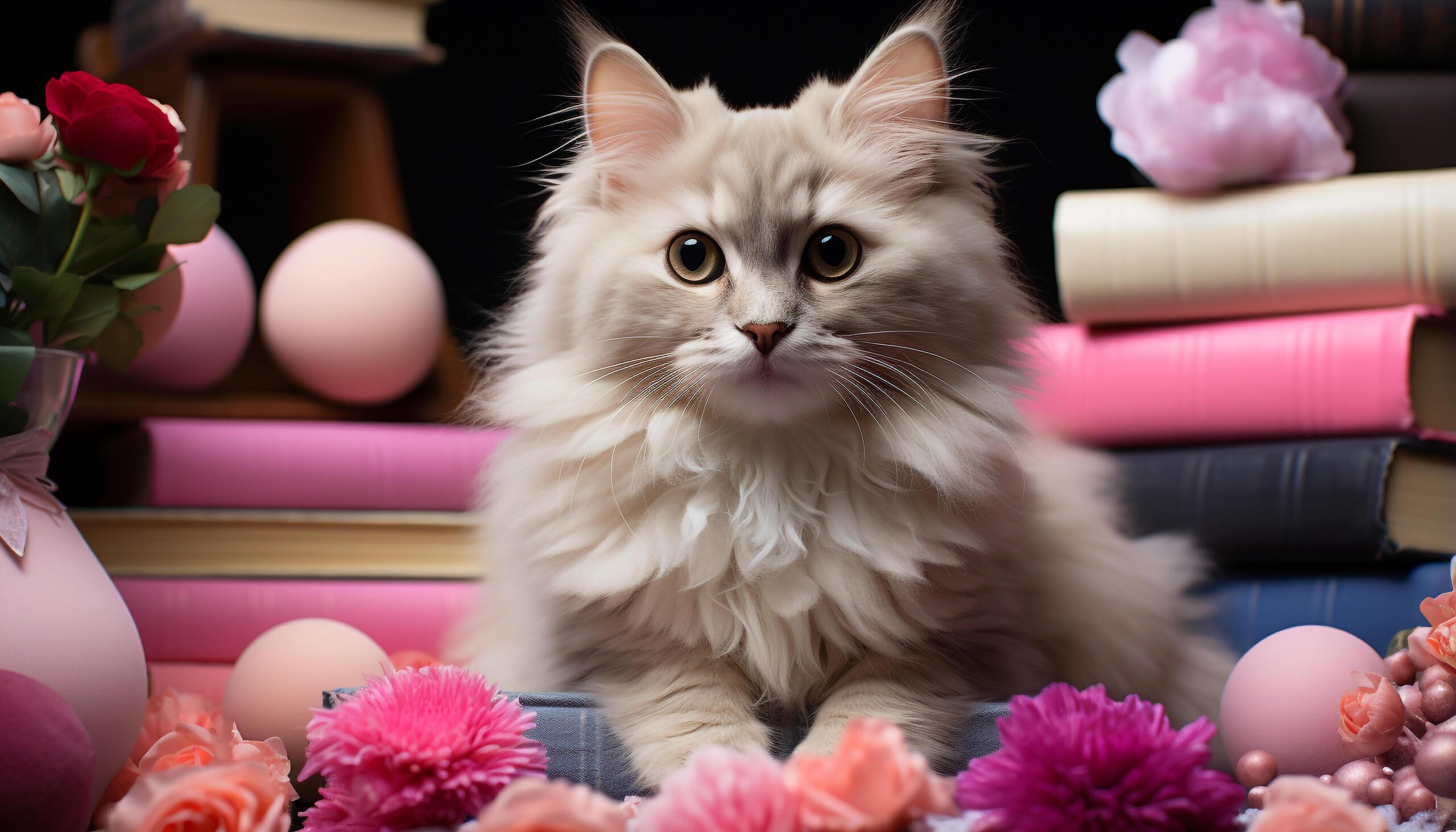 Ai-generated-cute-kitten-sitting-on-table-looking-at-camera-with-tulip-generated-by-ai-free-photo