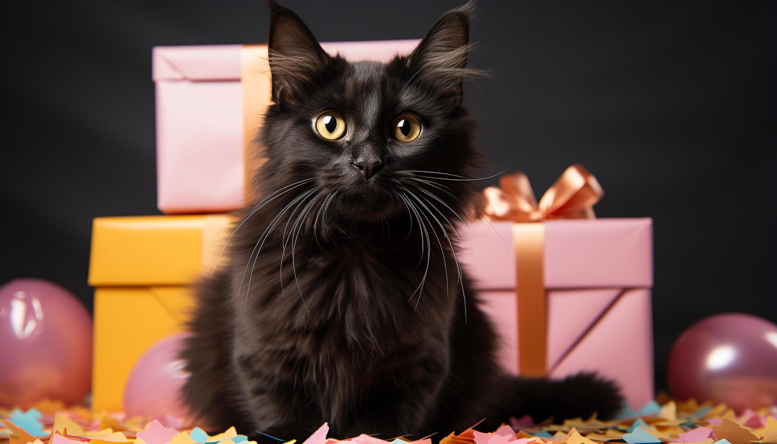 Ai-generated-cute-kitten-with-gift-looking-playful-celebrating-birthday-party-generated-by-ai-free-photo