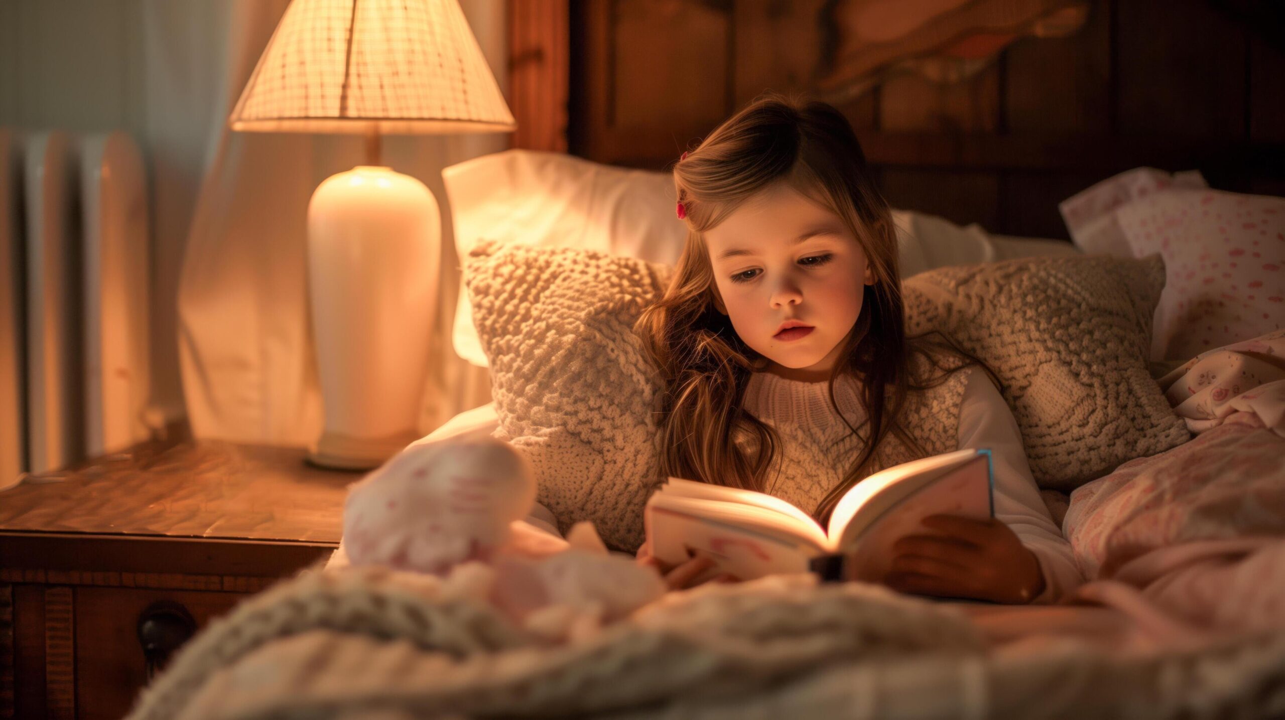 Ai-generated-cute-little-girl-immersed-in-nighttime-reading-in-bed-suitable-for-illustrating-bedtime-routines-literacy-and-relaxation-before-sleep-free-photo