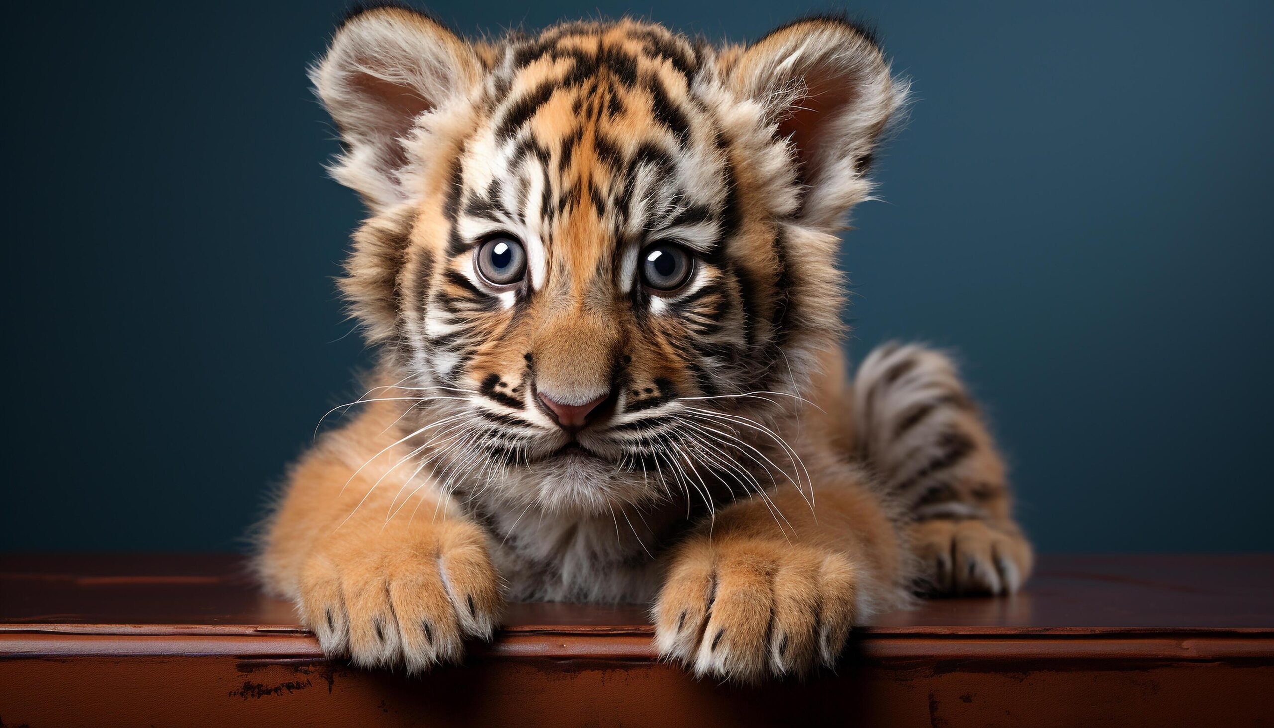 Ai-generated-cute-young-tiger-cub-staring-striped-fur-looking-at-camera-generated-by-ai-free-photo