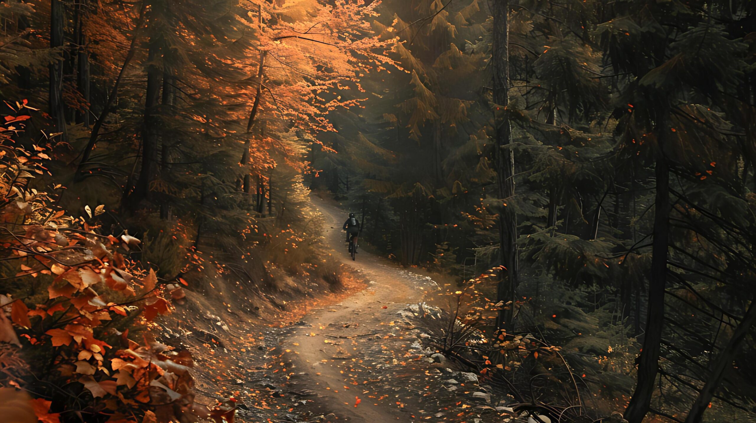 Ai-generated-cyclists-journey-through-a-sunlit-misty-forest-embodying-adventure-and-the-beauty-of-nature-free-photo