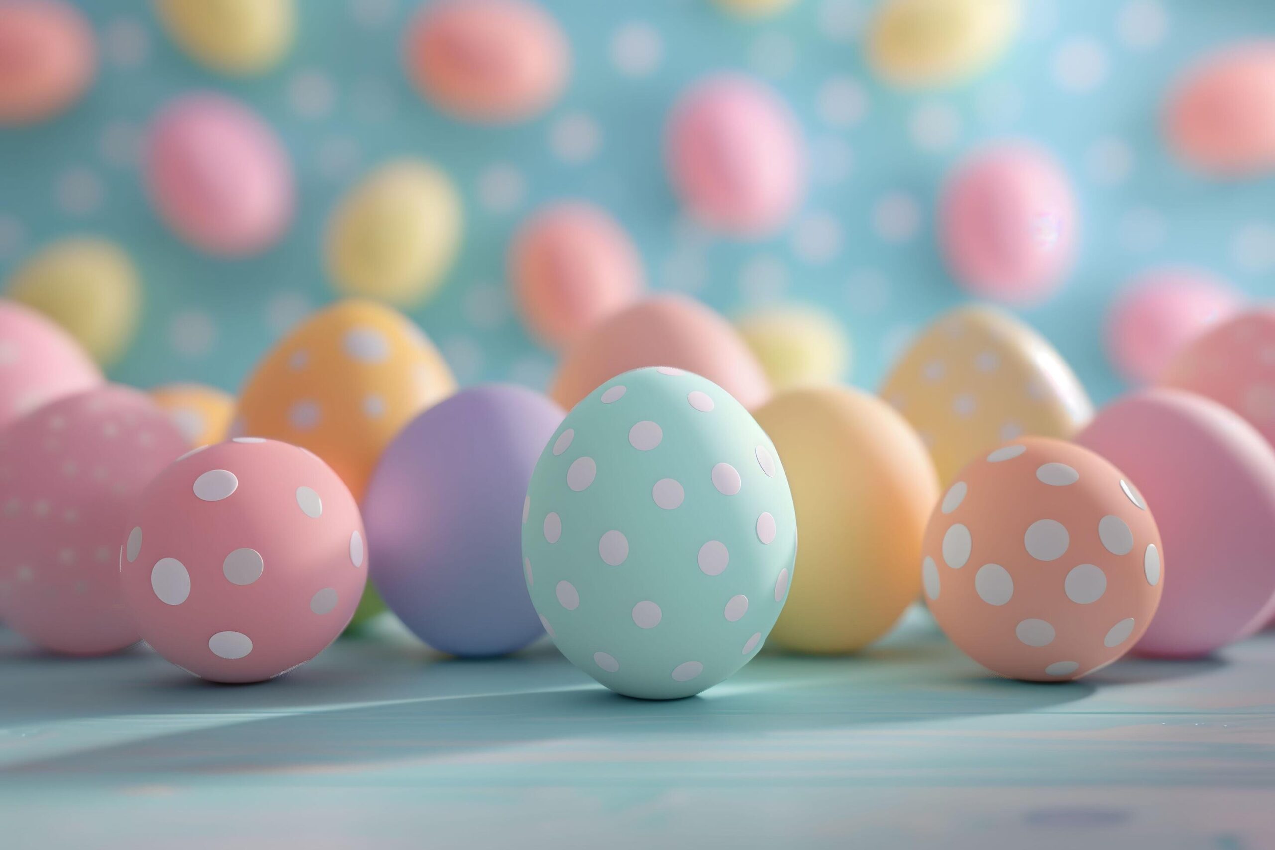 Ai-generated-delicate-polka-dotted-eggs-in-a-palette-of-pastel-hues-create-a-playful-scene-on-a-soft-blue-table-free-photo