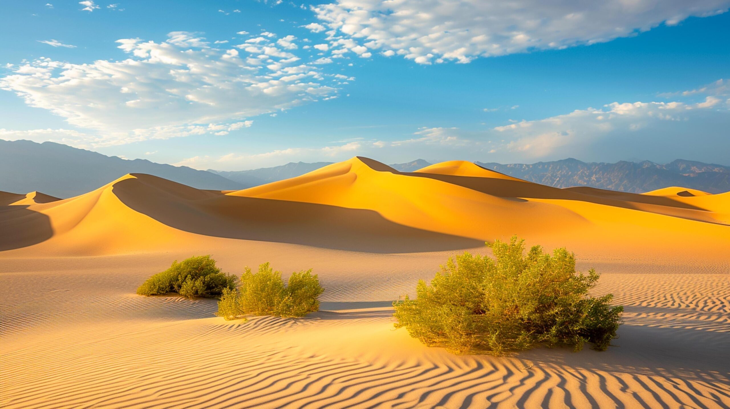 Ai-generated-desert-landscape-smooth-sand-dunes-rich-golden-tones-of-the-sand-with-the-soft-blue-sky-few-green-plants-are-visible-in-the-foreground-undisturbed-natural-scene-ai-generated-free-photo