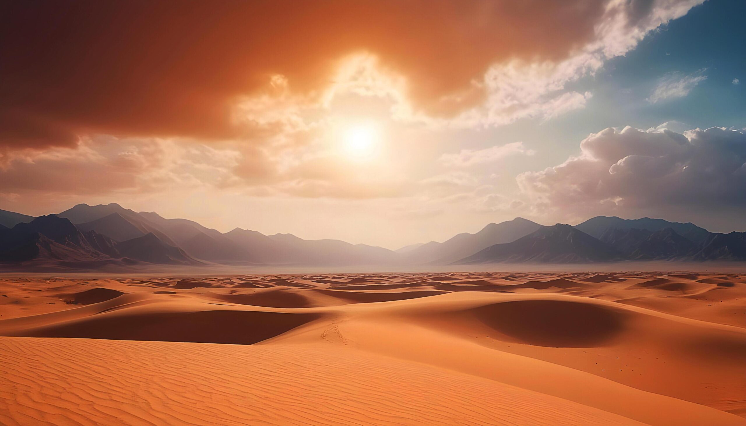 Ai-generated-desert-landscape-with-mountains-and-sun-free-photo