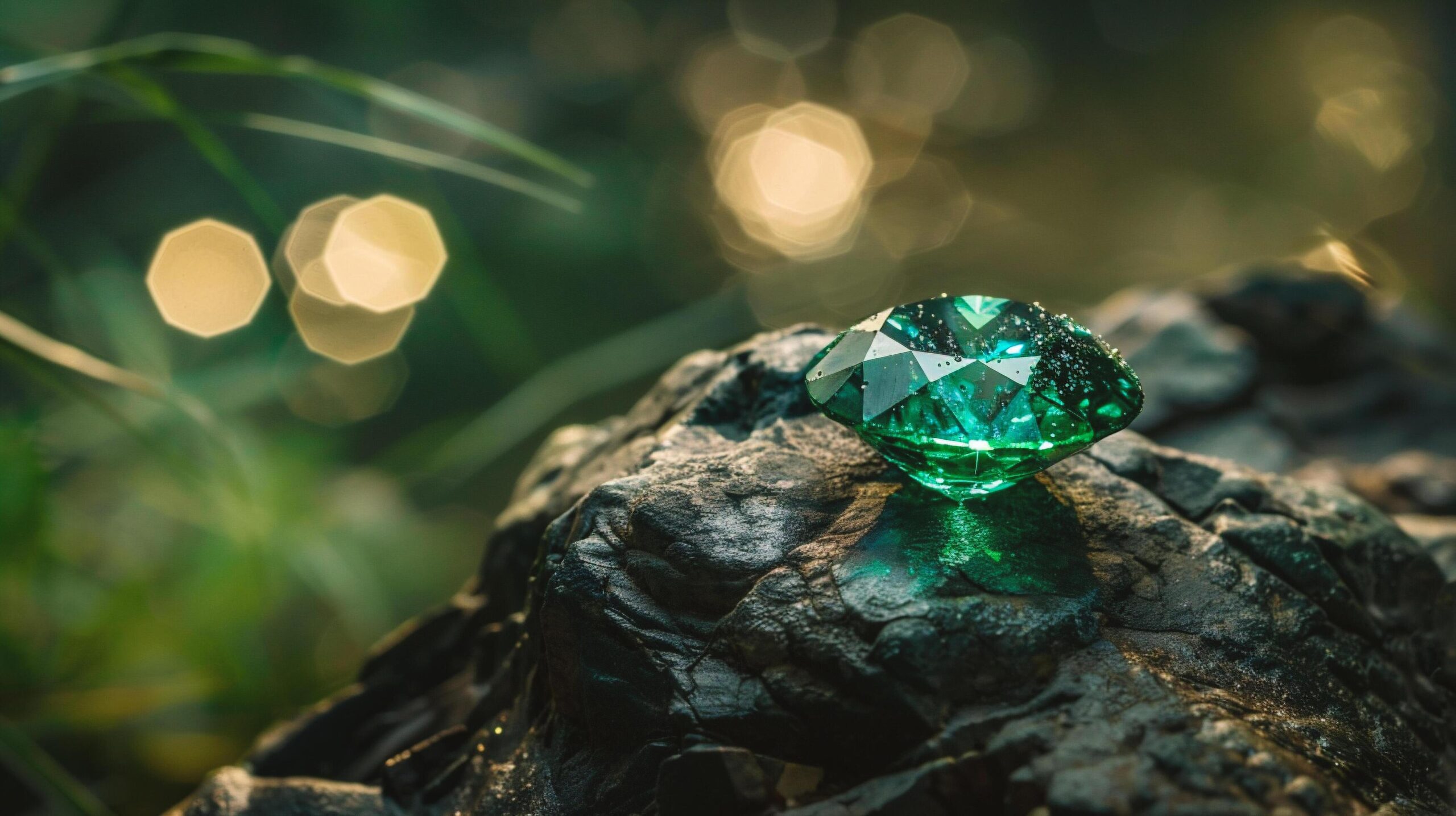 Ai-generated-diamond-on-green-background-with-bokeh-free-photo