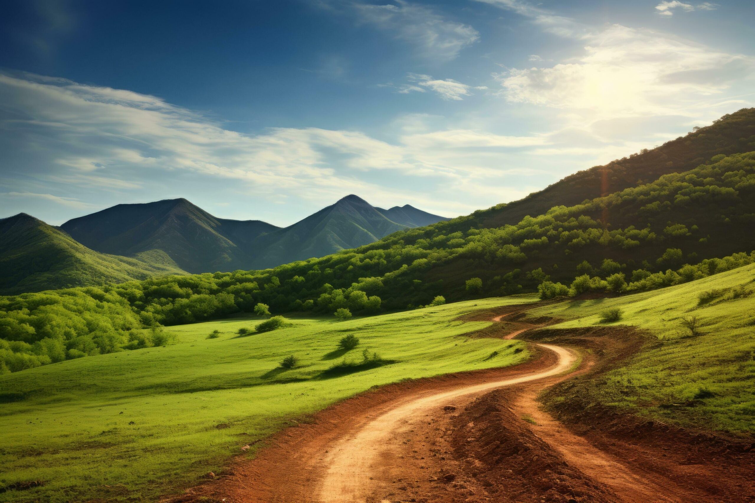 Ai-generated-dirt-road-lead-to-greeny-mountain-free-photo