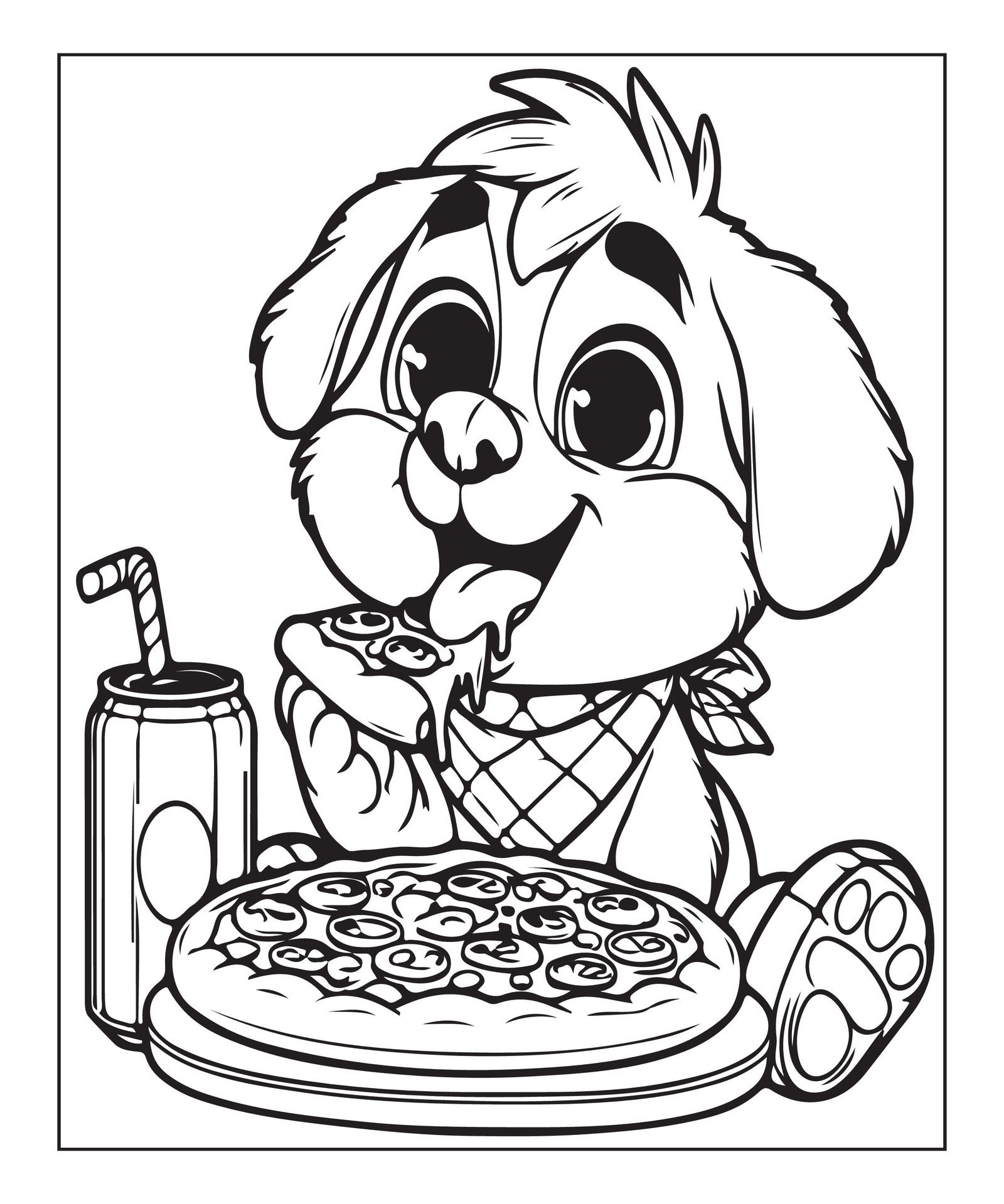 Ai-generated-dog-eating-pizza-coloring-page-free-vector