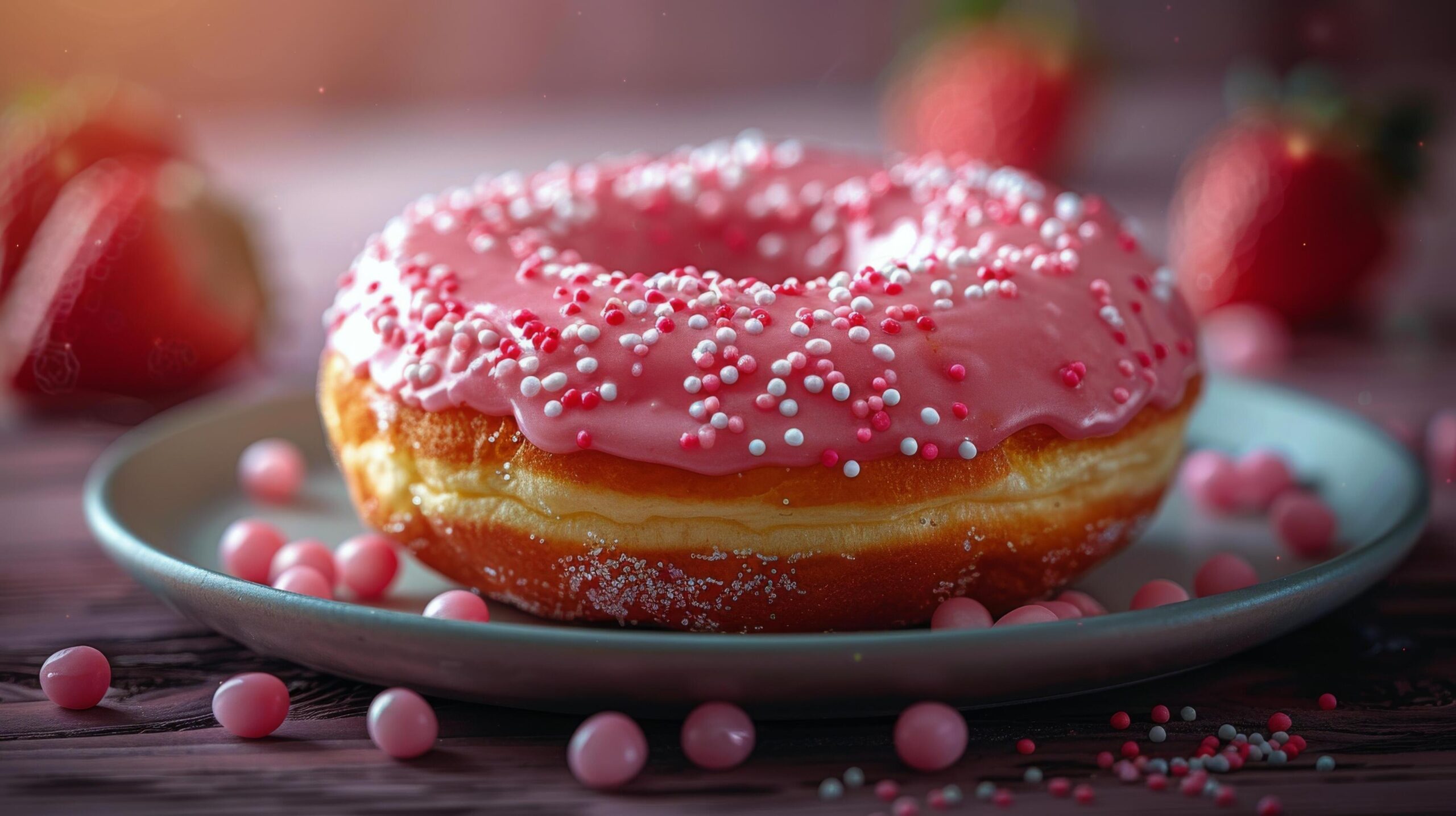Ai-generated-donut-with-pink-icing-and-strawberries-on-table-free-photo