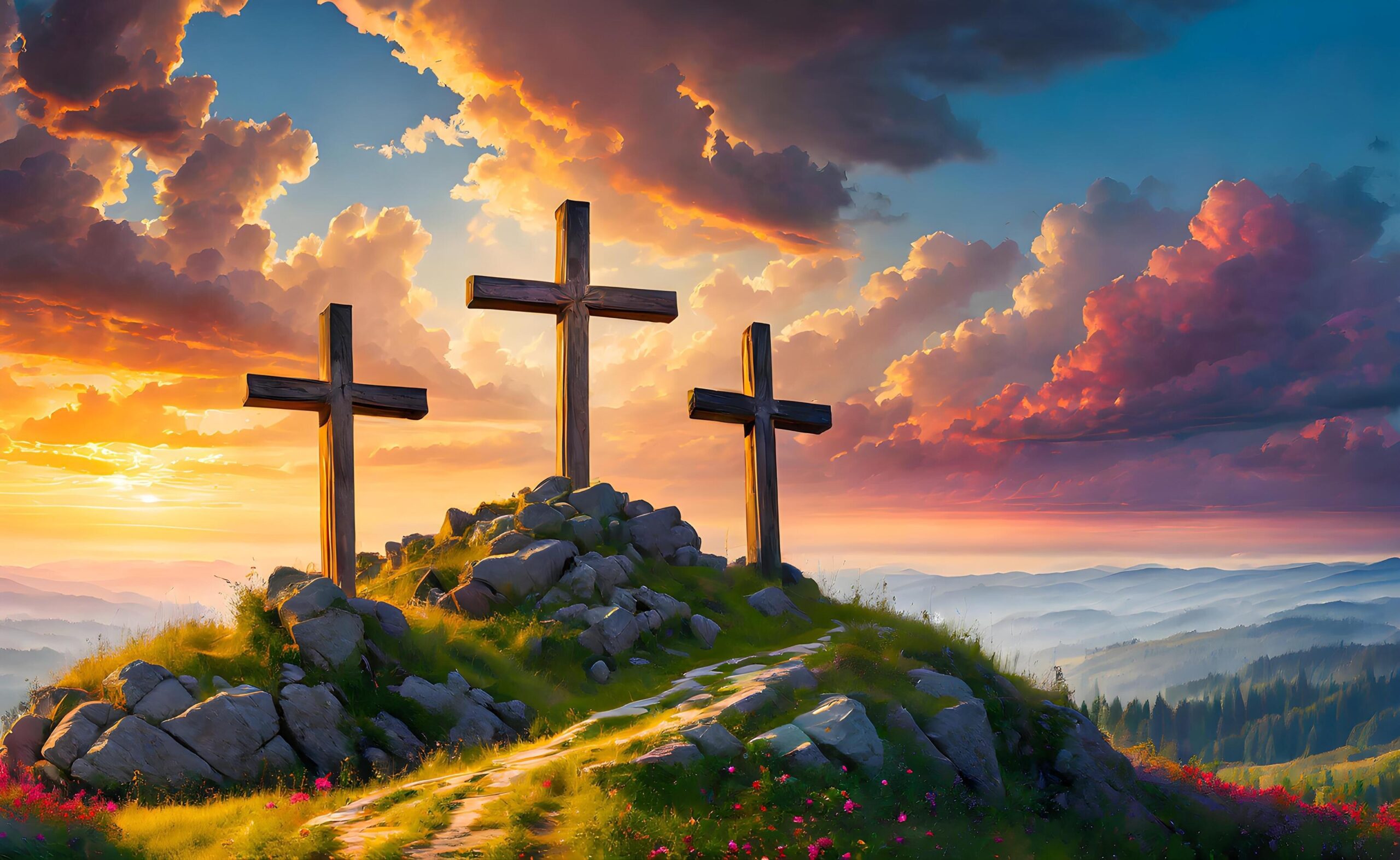 Ai-generated-easter-and-good-friday-crosses-on-calvary-s-hill-with-colorful-skies-symbolize-jesus-christ-s-crucifixion-free-photo