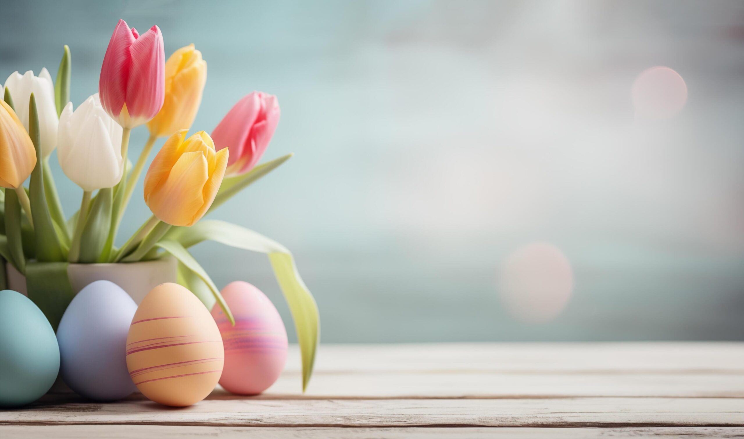 Ai-generated-easter-background-with-colored-eggs-and-tulip-on-a-light-wooden-table-free-photo