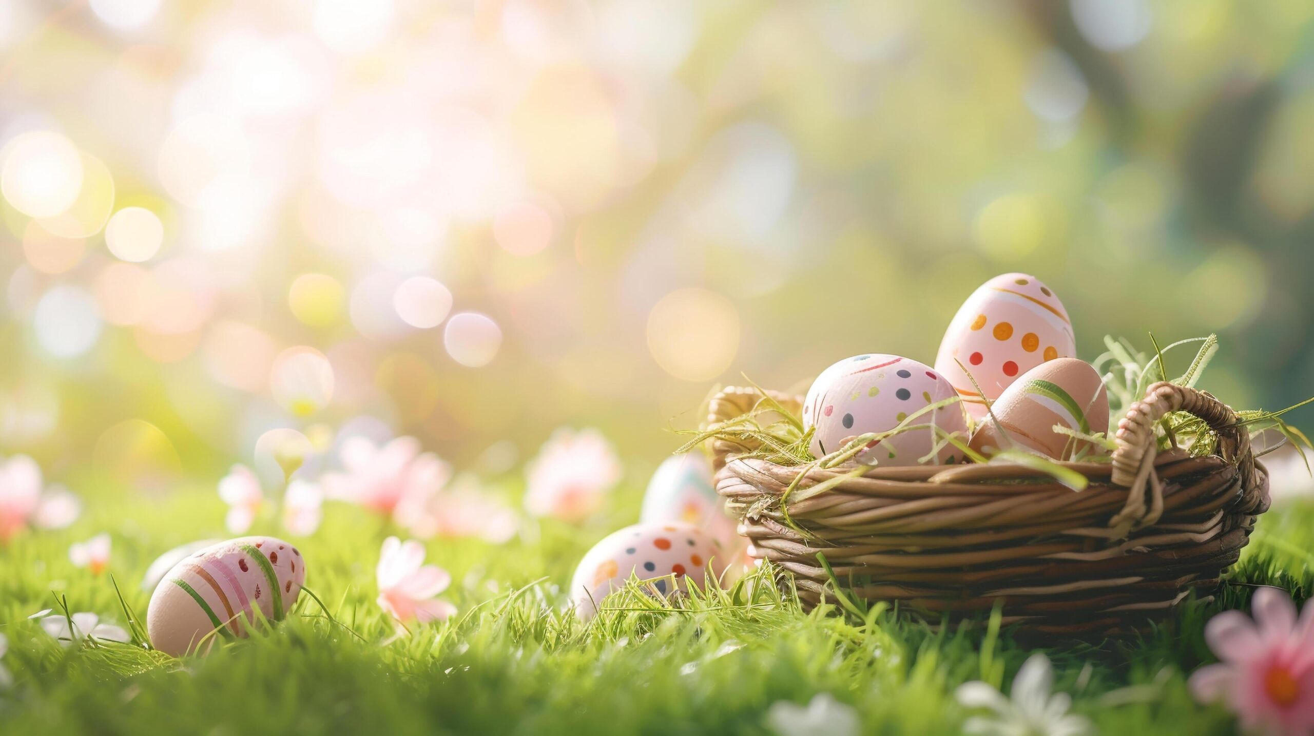 Ai-generated-easter-basket-filled-with-colorful-eggs-and-flowers-on-the-green-grass-with-spring-garden-background-happy-easter-free-photo