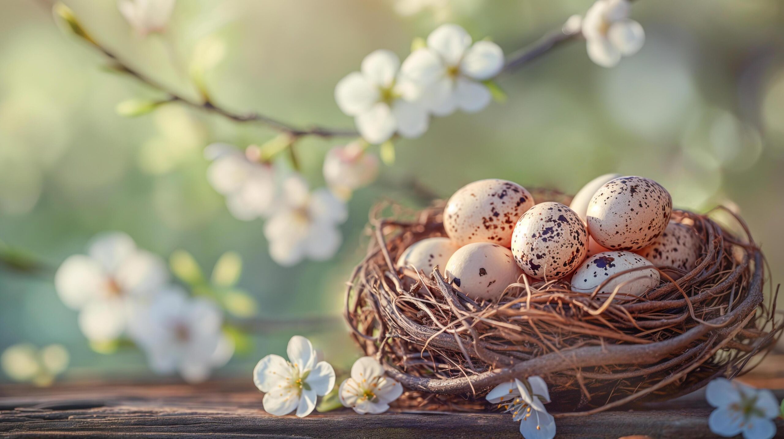 Ai-generated-easter-composition-with-quail-eggs-in-a-nest-on-wood-spring-flowers-free-photo