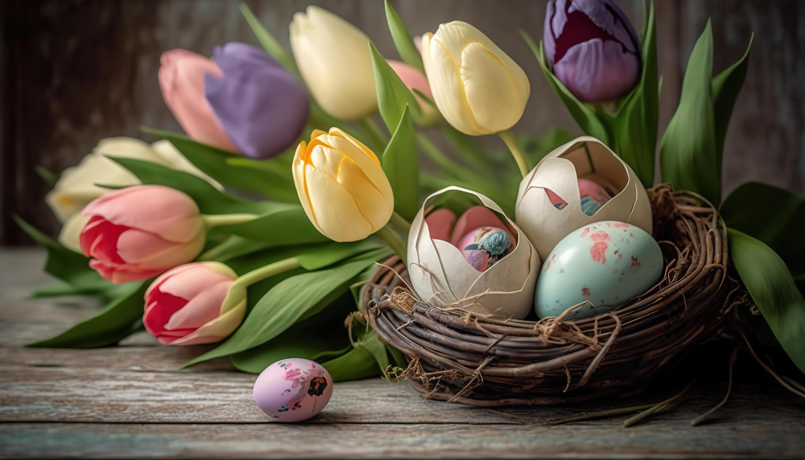 Ai-generated-easter-decor-composition-with-colorful-eggs-in-wicker-bird-nest-and-colorful-tulips-on-wooden-table-greeting-card-for-easter-holidays-free-photo