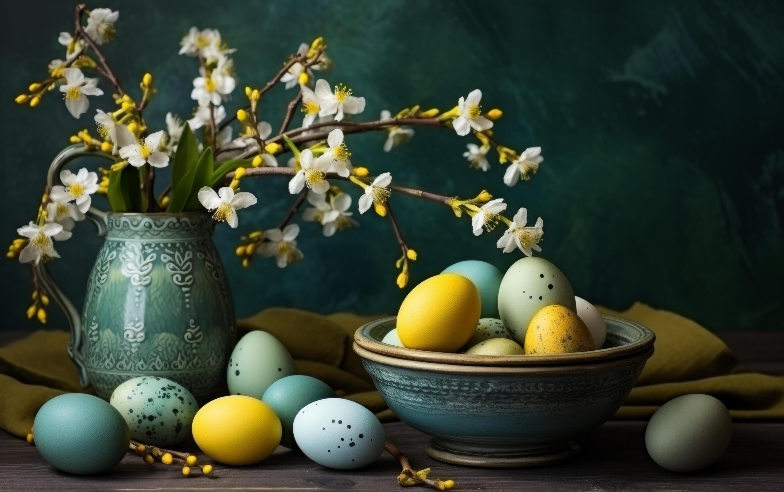Ai-generated-easter-eggs-in-a-basket-and-flowers-on-the-table-free-photo