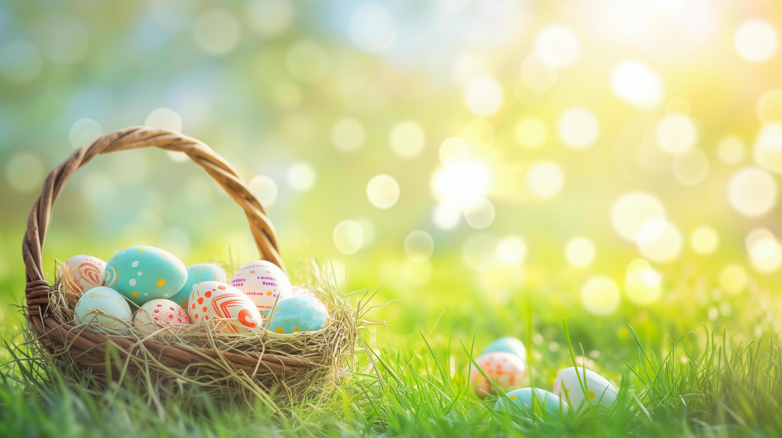 Ai-generated-easter-eggs-in-a-basket-on-green-grass-sunny-spring-background-free-photo