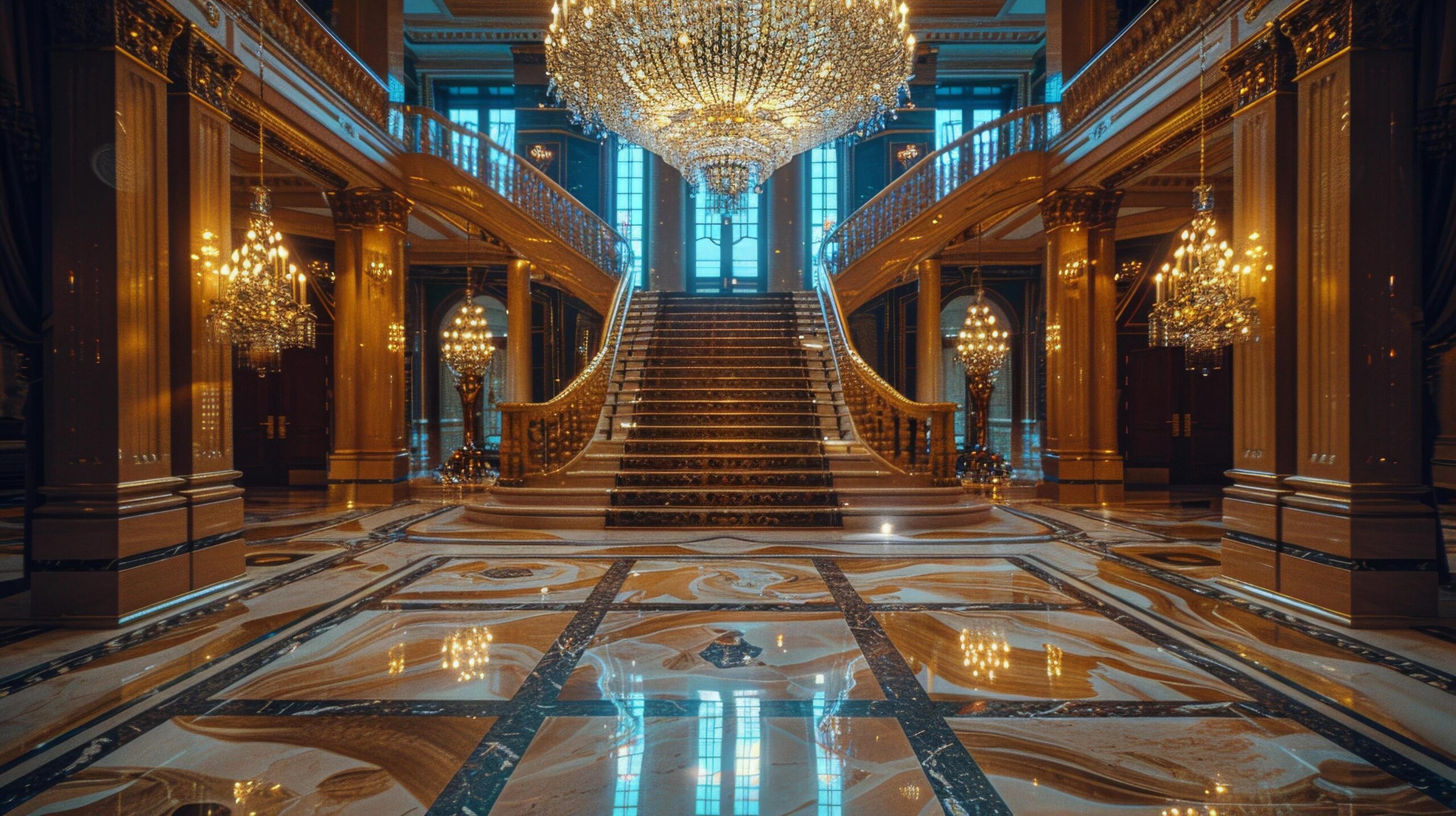 Ai-generated-elegant-staircase-and-chandeliers-free-photo