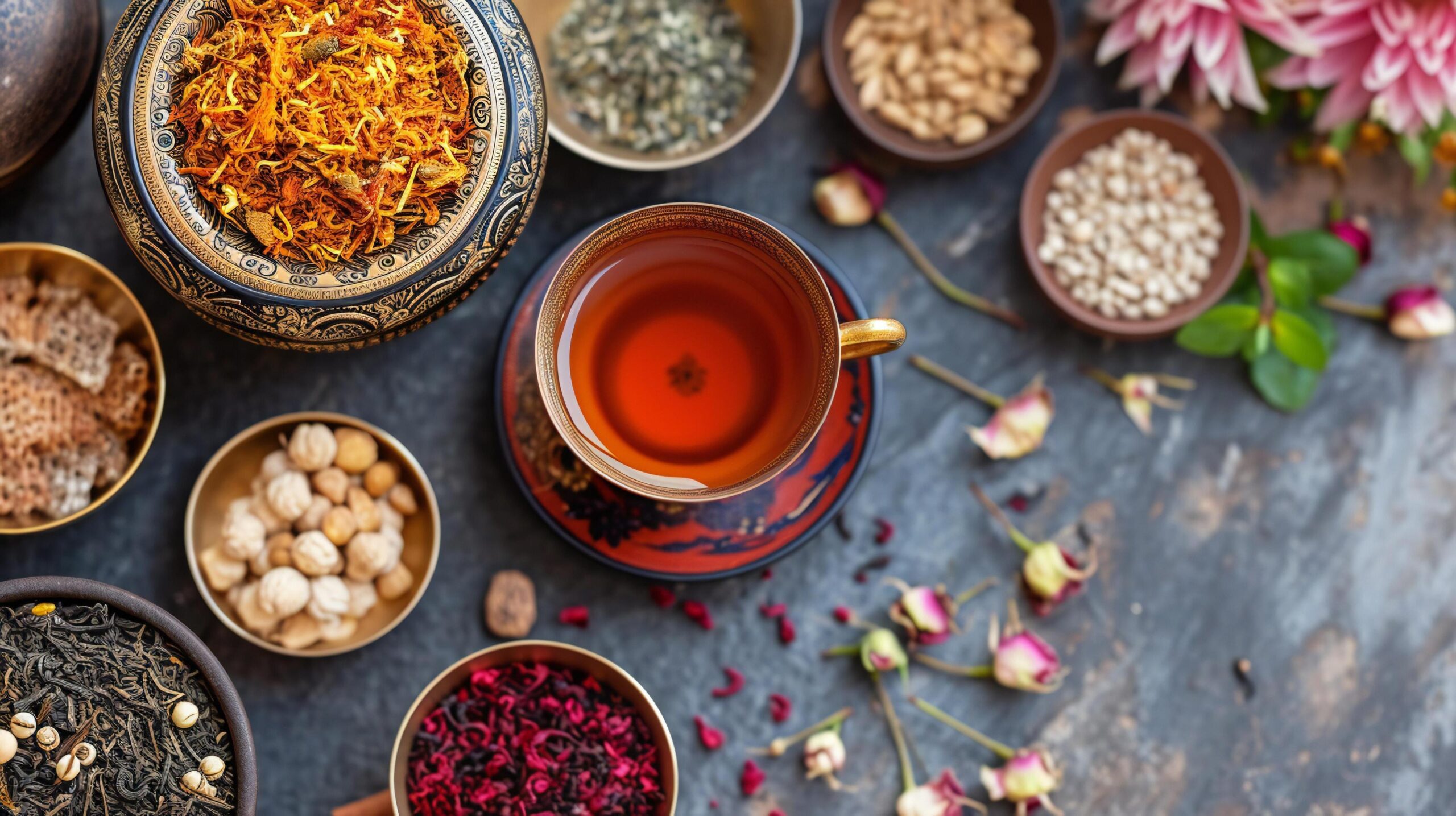 Ai-generated-elegant-tea-tasting-setup-with-cultural-decorations-free-photo