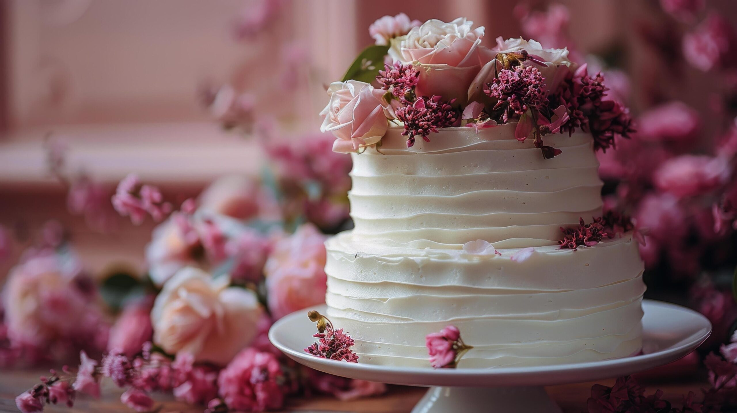 Ai-generated-elegant-white-wedding-cake-with-pink-flowers-free-photo