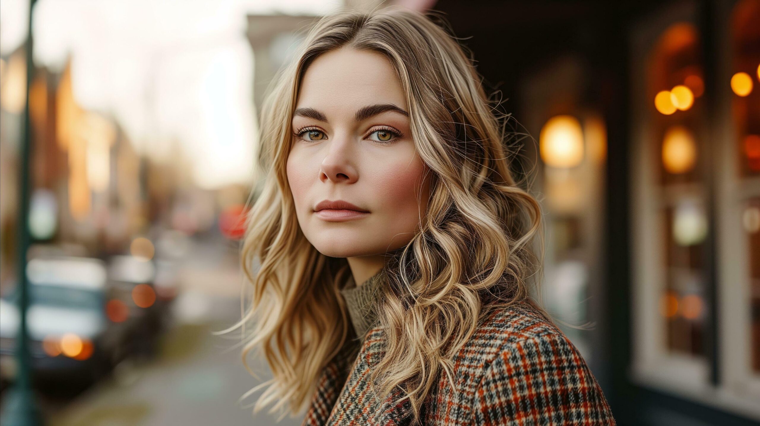 Ai-generated-elegant-young-woman-in-stylish-coat-posing-on-city-street-at-dusk-free-photo