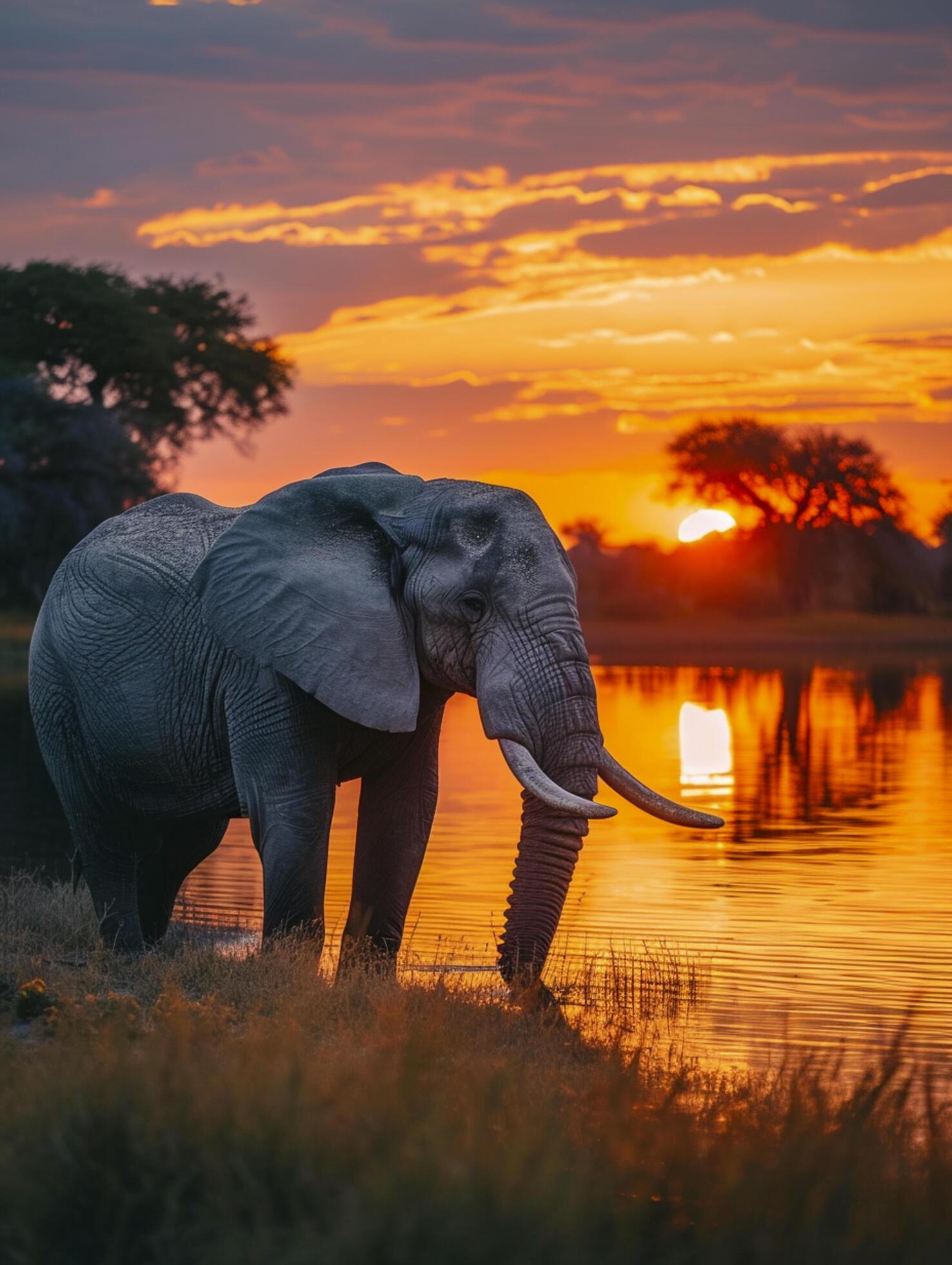 Ai-generated-elephant-standing-by-a-water-body-at-sunset-ai-generated-free-photo