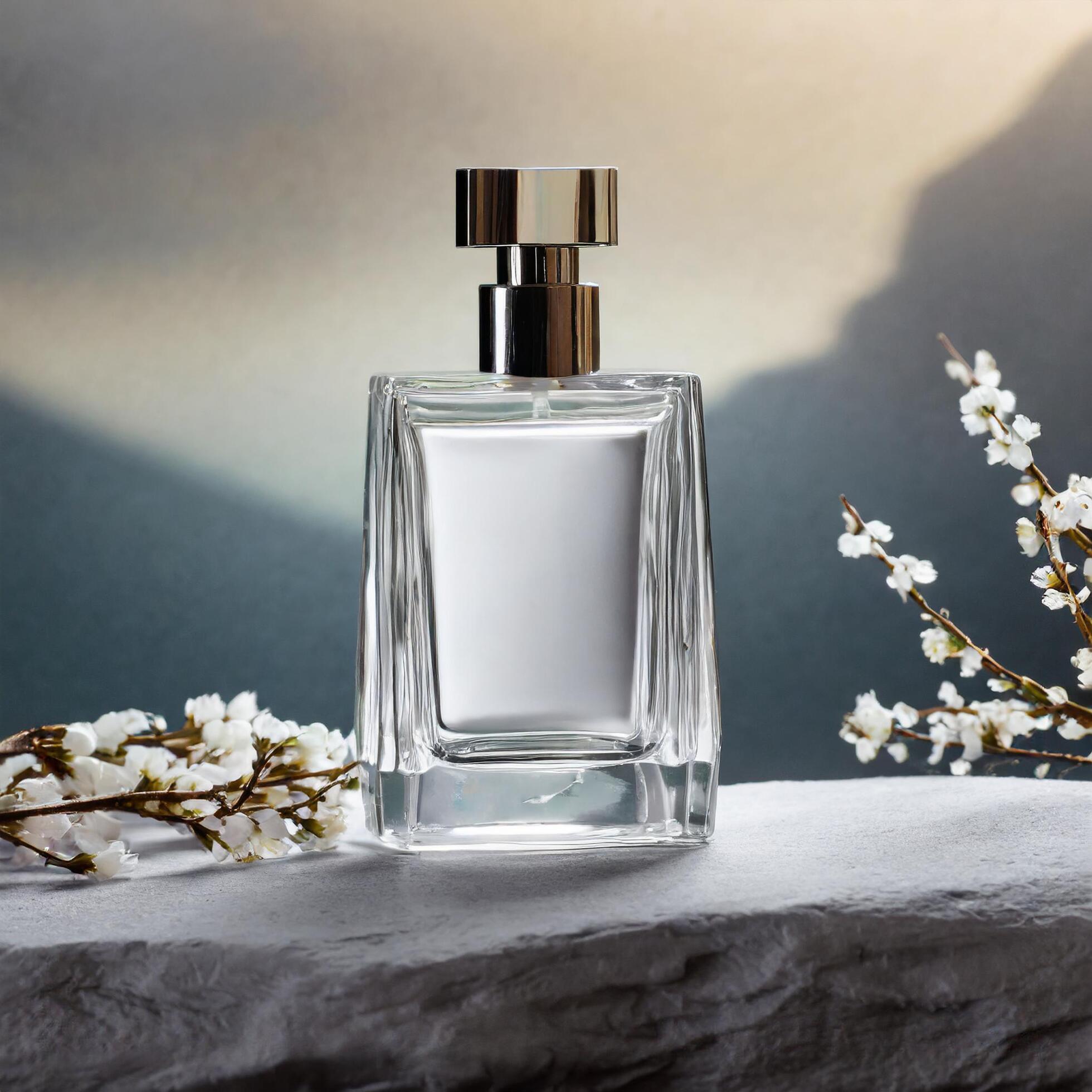 Ai-generated-empty-blank-perfume-bottle-mockup-for-product-ad-on-a-blurred-background-with-flowers-on-the-side-free-photo