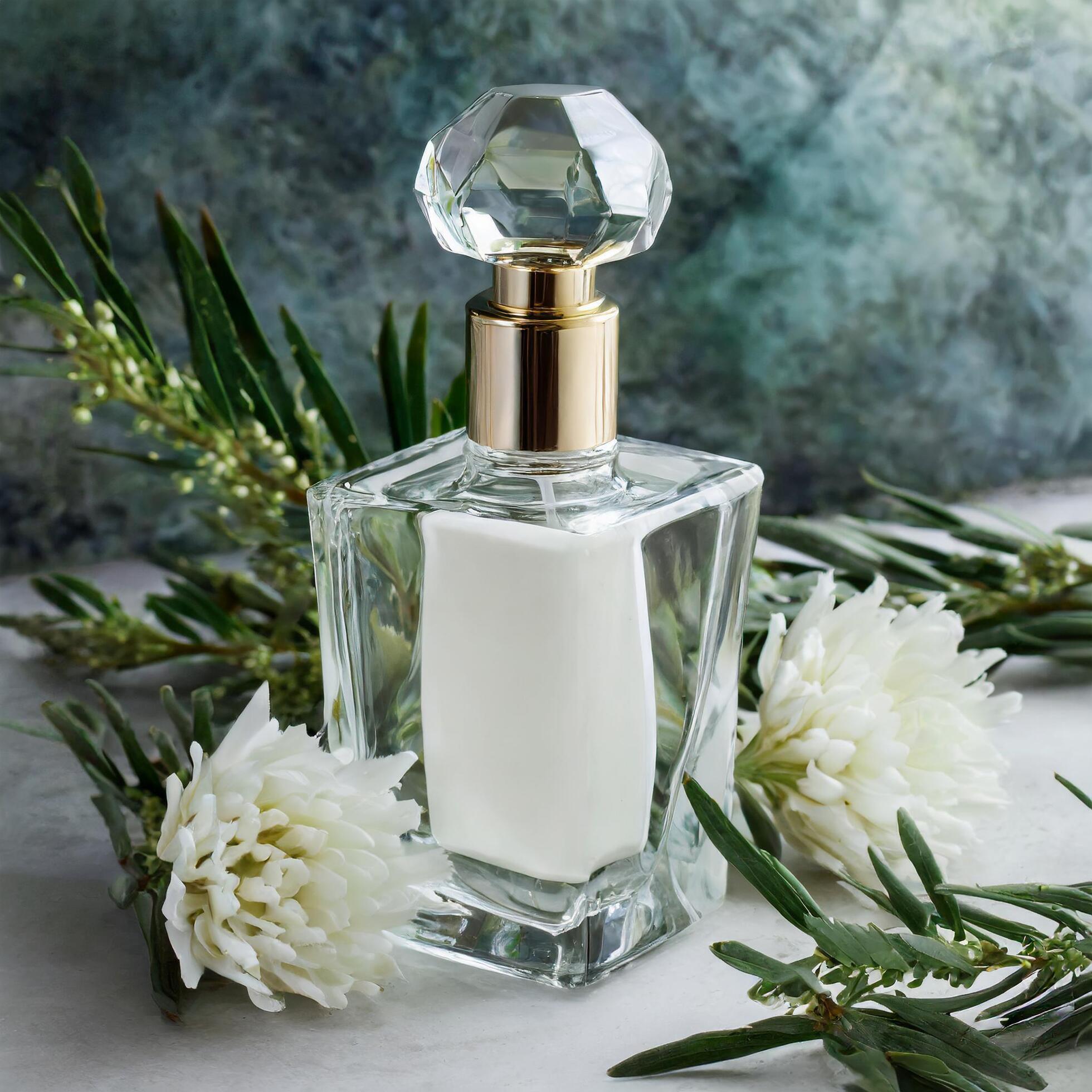 Ai-generated-empty-blank-perfume-bottle-product-ad-surrounded-with-flowers-and-plants-free-photo