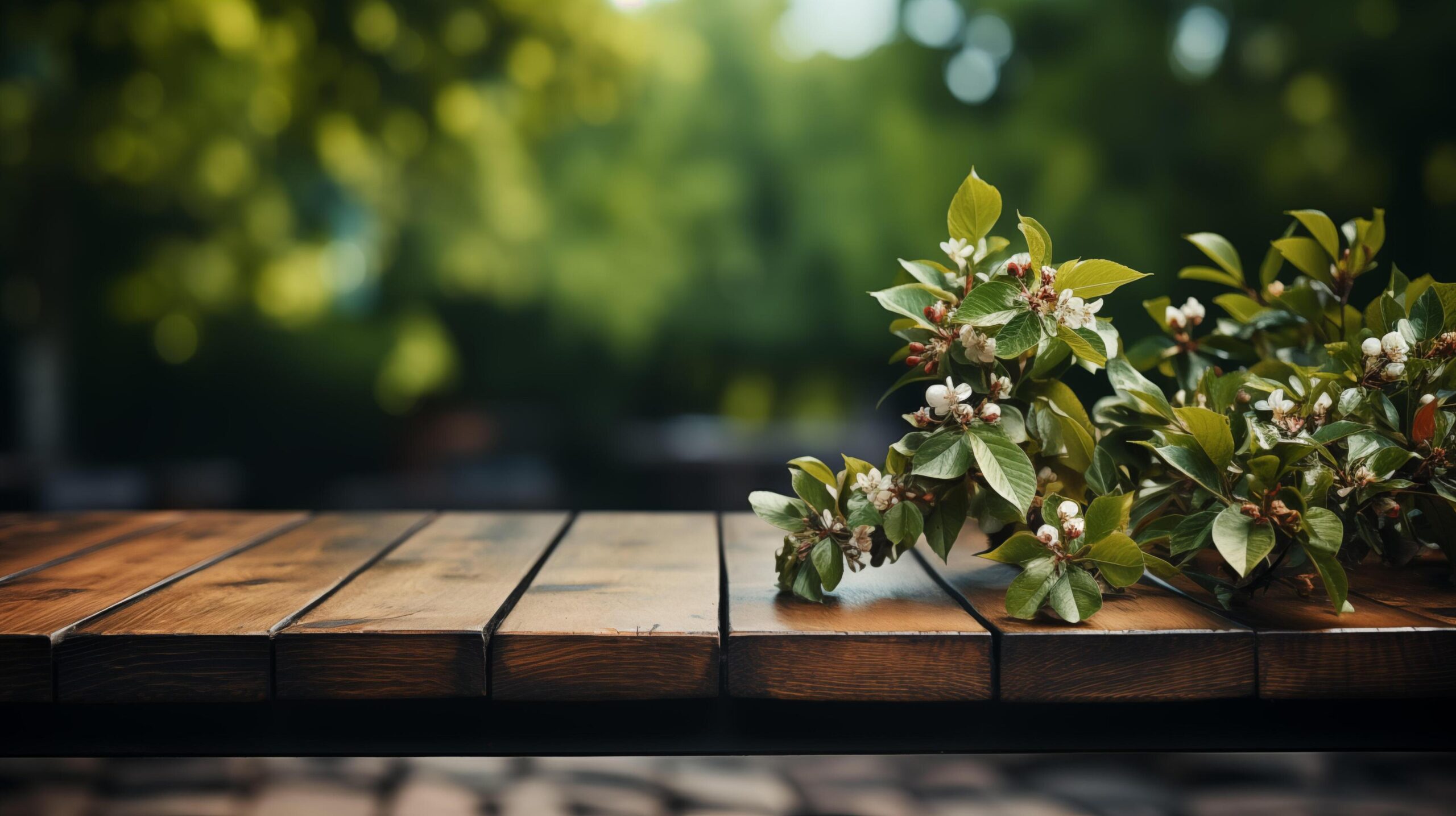 Ai-generated-empty-wooden-table-green-bokeh-background-free-photo