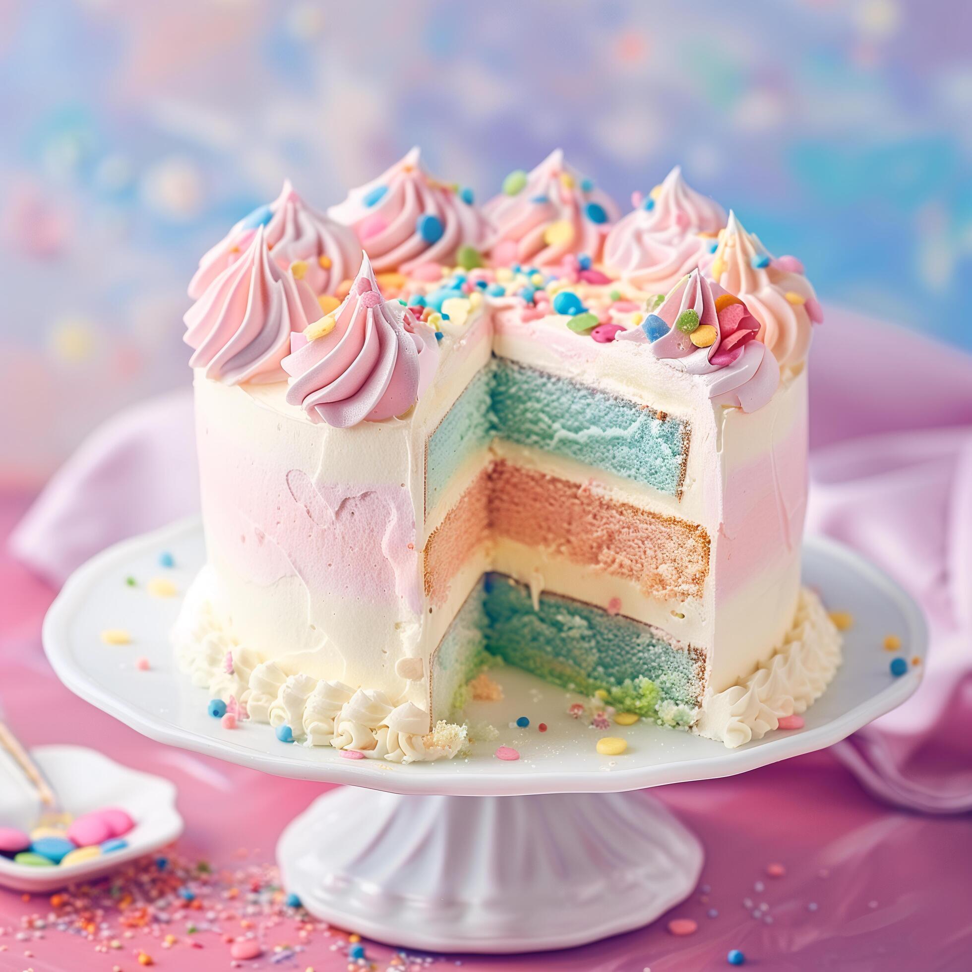 Ai-generated-fancy-rainbow-cream-cake-on-pastel-background-free-photo