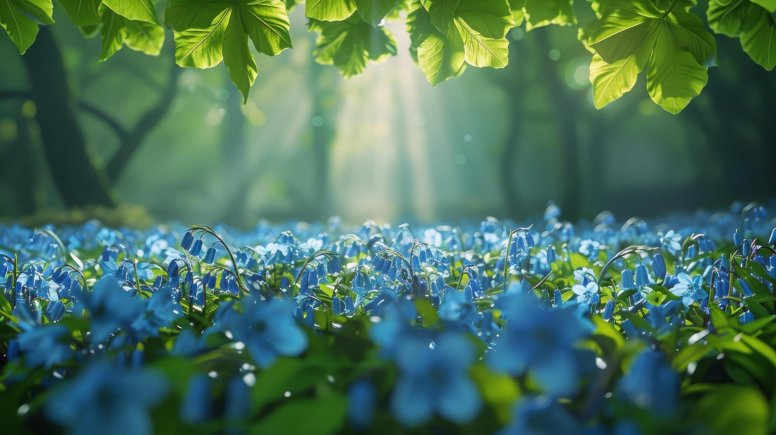 Ai-generated-field-of-blue-flowers-with-trees-free-photo