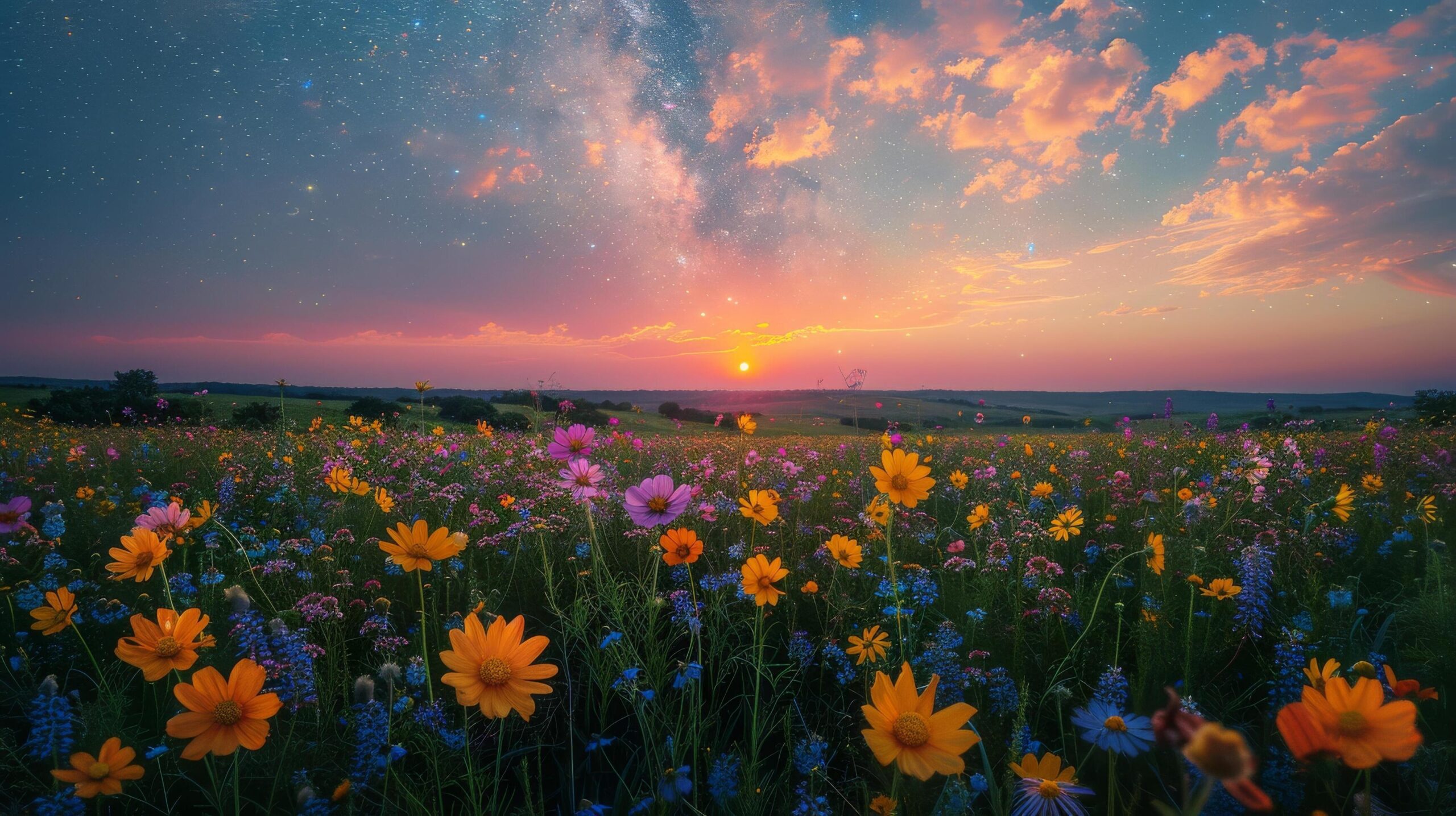 Ai-generated-field-of-flowers-under-night-sky-free-photo