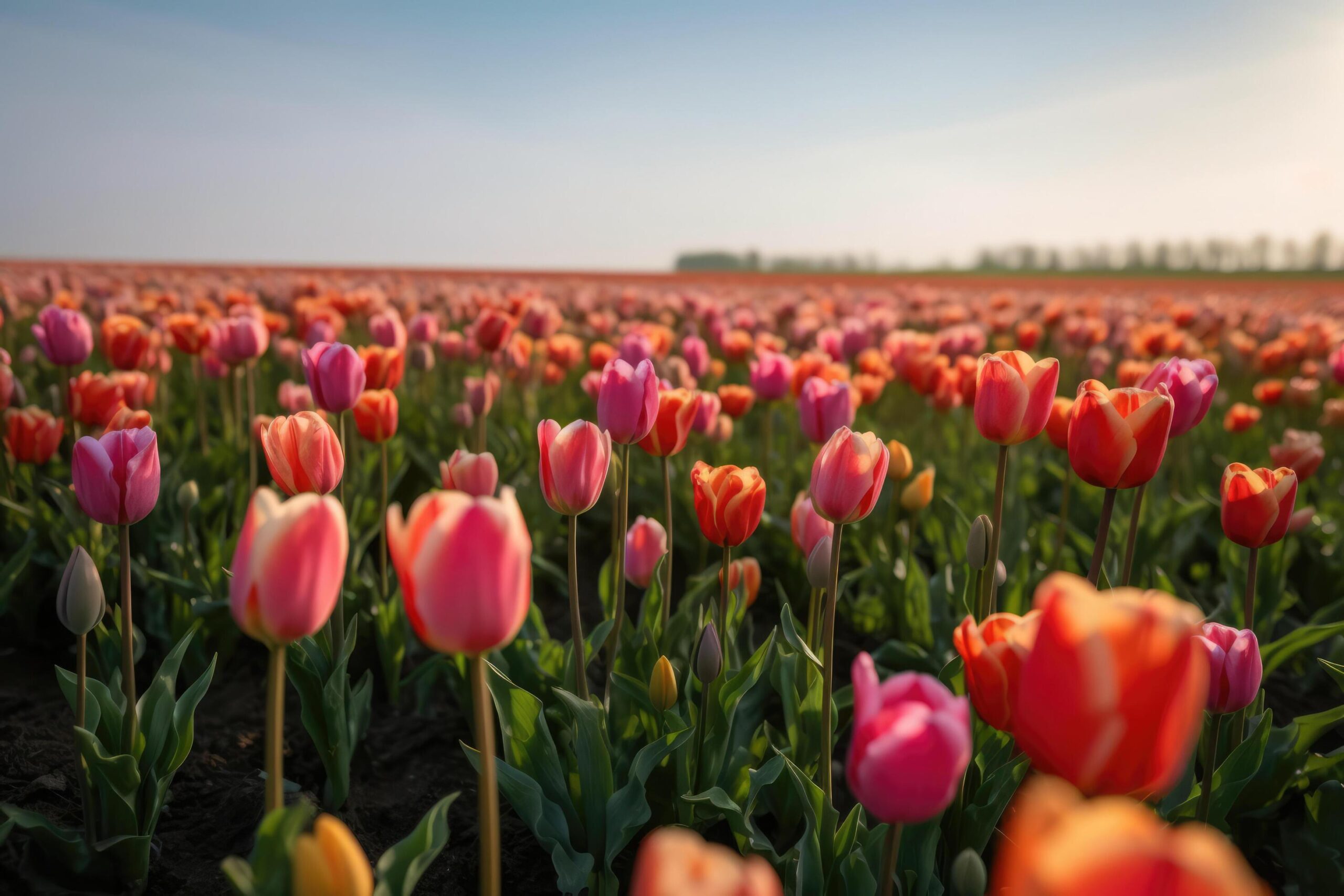 Ai-generated-field-of-red-pink-tulips-sunny-day-spring-nature-landscape-outdoors-natural-flowers-banner-with-copy-space-greeting-card-for-spring-holidays-free-photo