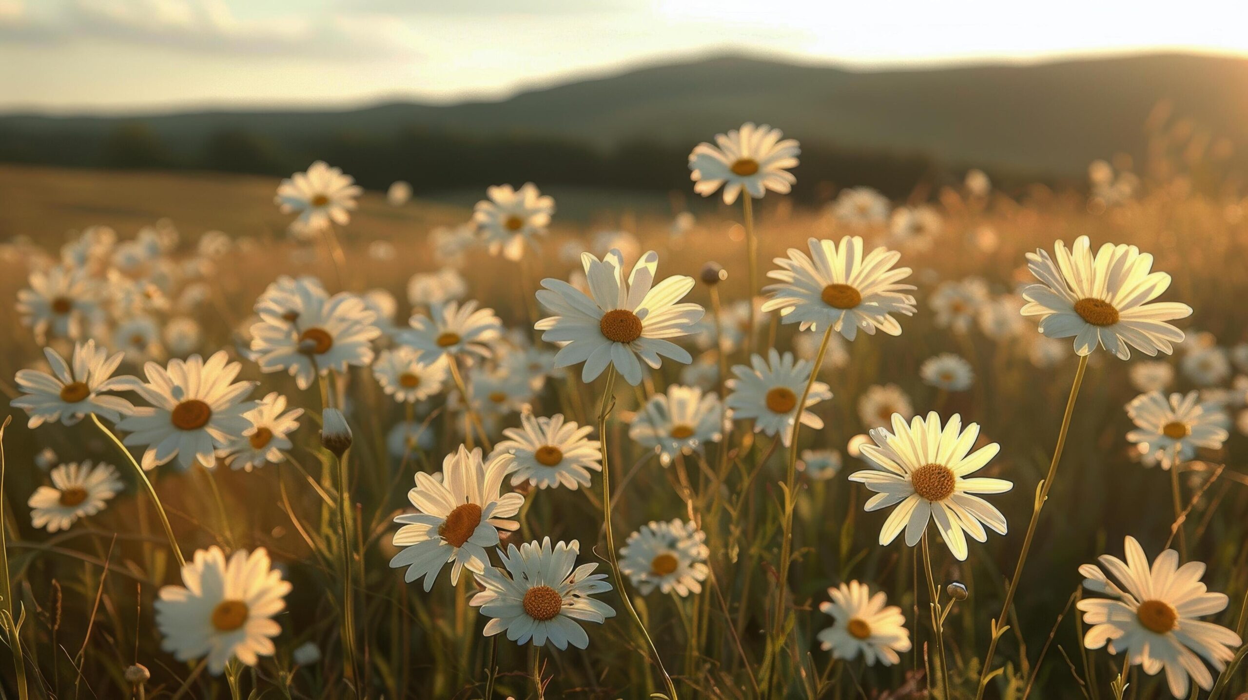 Ai-generated-field-of-white-daisies-with-mountain-background-free-photo